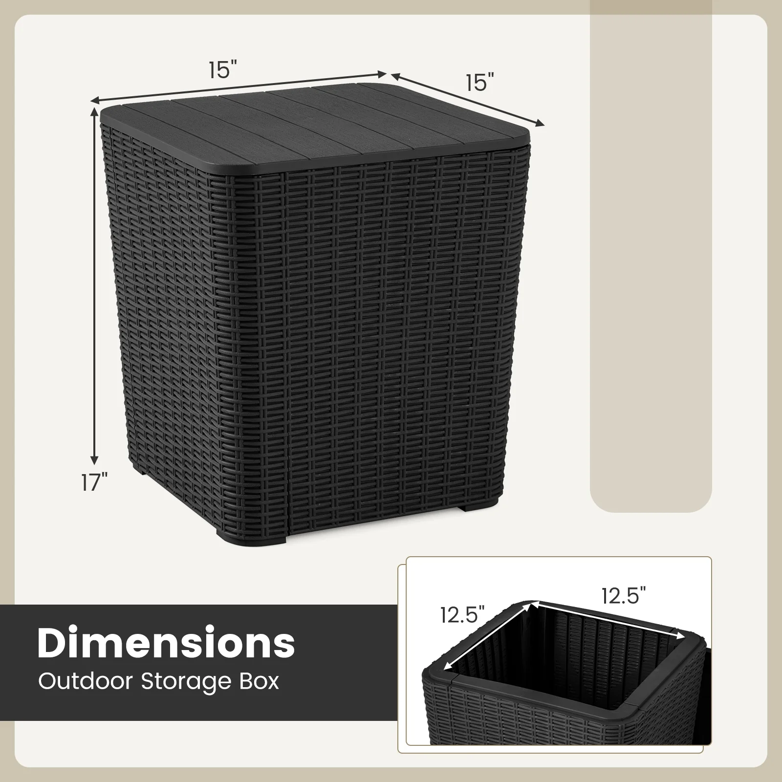 Outdoor Resin Storage Side Table, Removable Lid, Wicker Accent, Black - Image 6