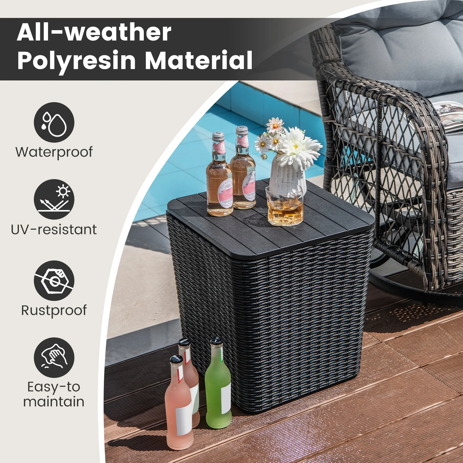 Outdoor Resin Storage Side Table, Removable Lid, Wicker Accent, Black - Image 8