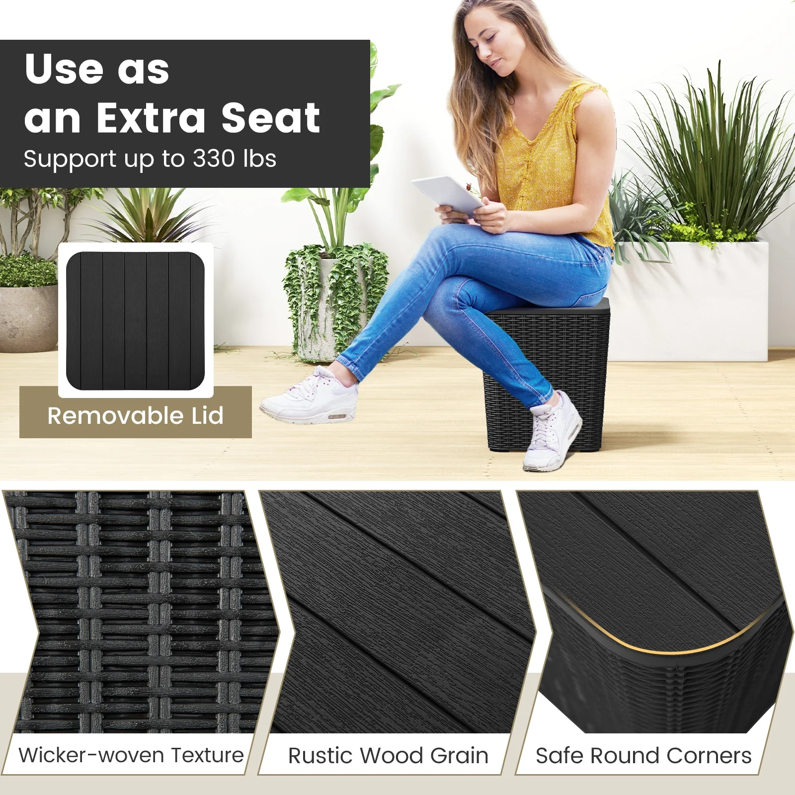 Outdoor Resin Storage Side Table, Removable Lid, Wicker Accent, Black - Image 9