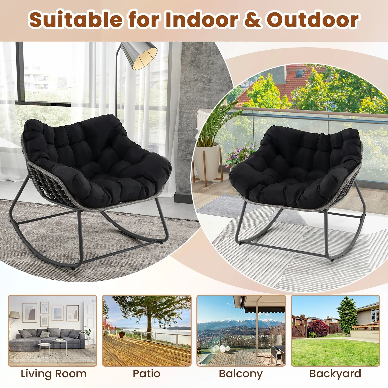 Outdoor Rocking Chair Oversized Patio PE Wicker Egg Chair with Cushion, Black - Image 10