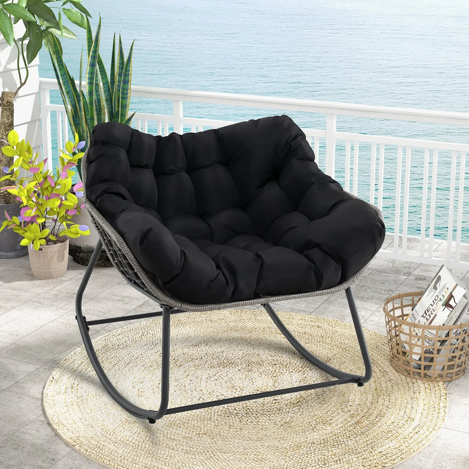 Outdoor Rocking Chair Oversized Patio PE Wicker Egg Chair with Cushion, Black - Image 2