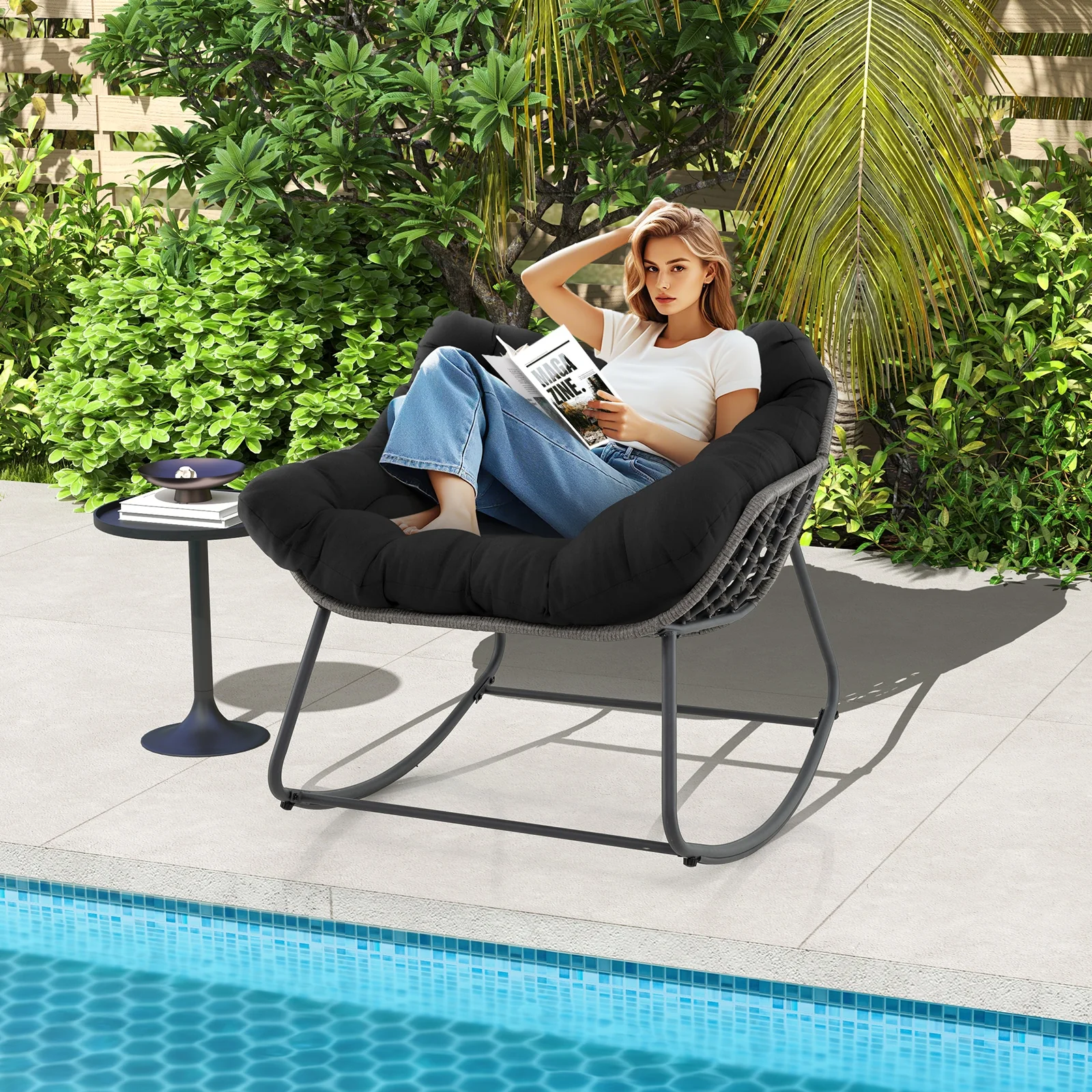 Outdoor Rocking Chair Oversized Patio PE Wicker Egg Chair with Cushion, Black - Image 3