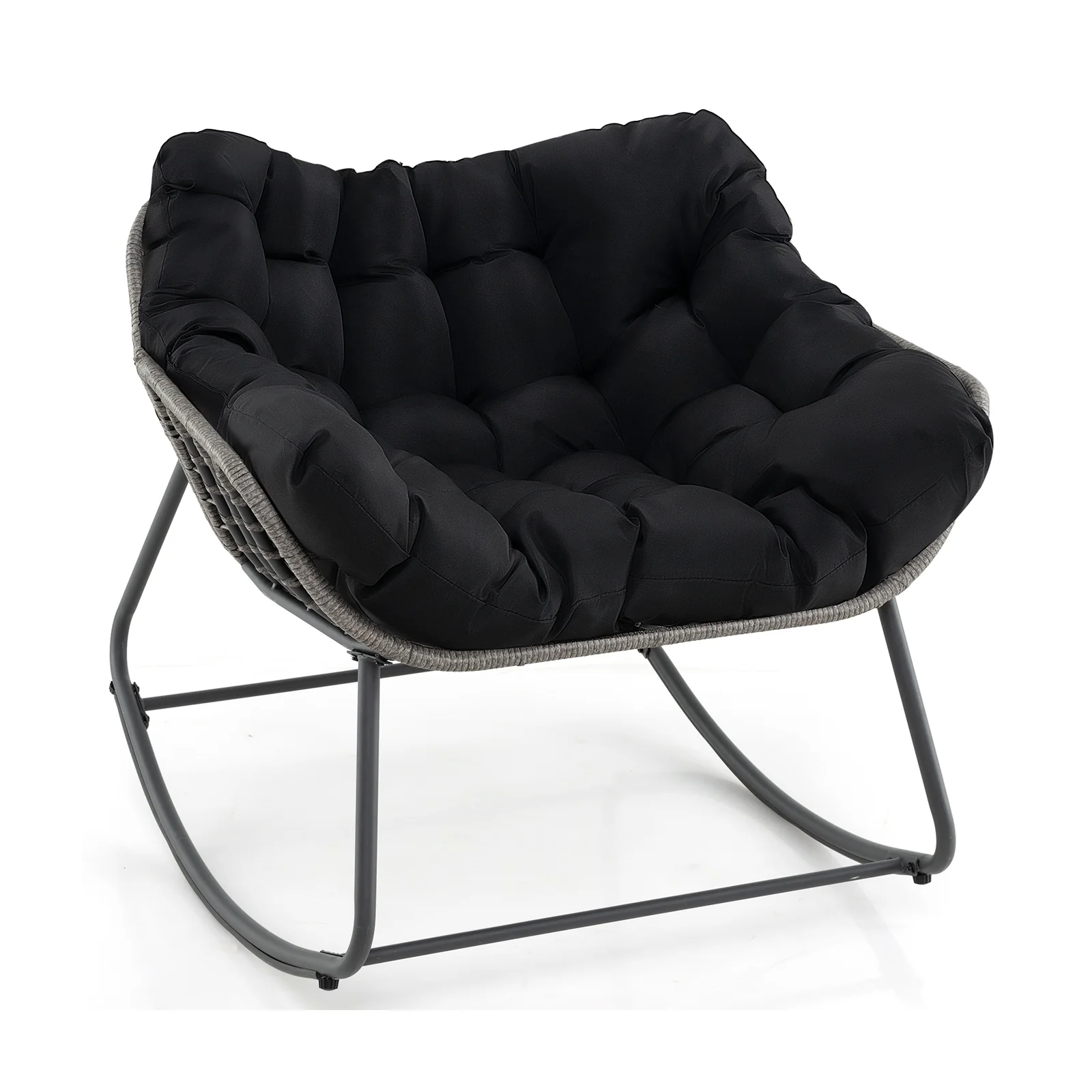 Outdoor Rocking Chair Oversized Patio PE Wicker Egg Chair with Cushion, Black - Image 4