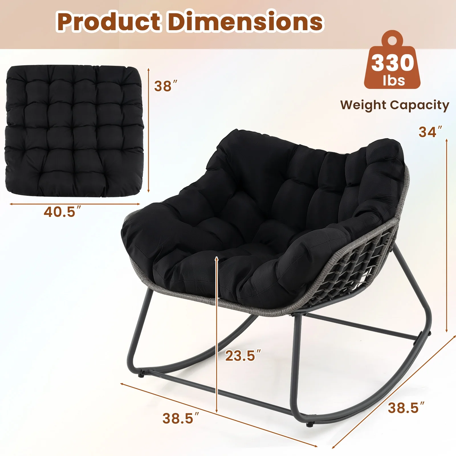 Outdoor Rocking Chair Oversized Patio PE Wicker Egg Chair with Cushion, Black - Image 5