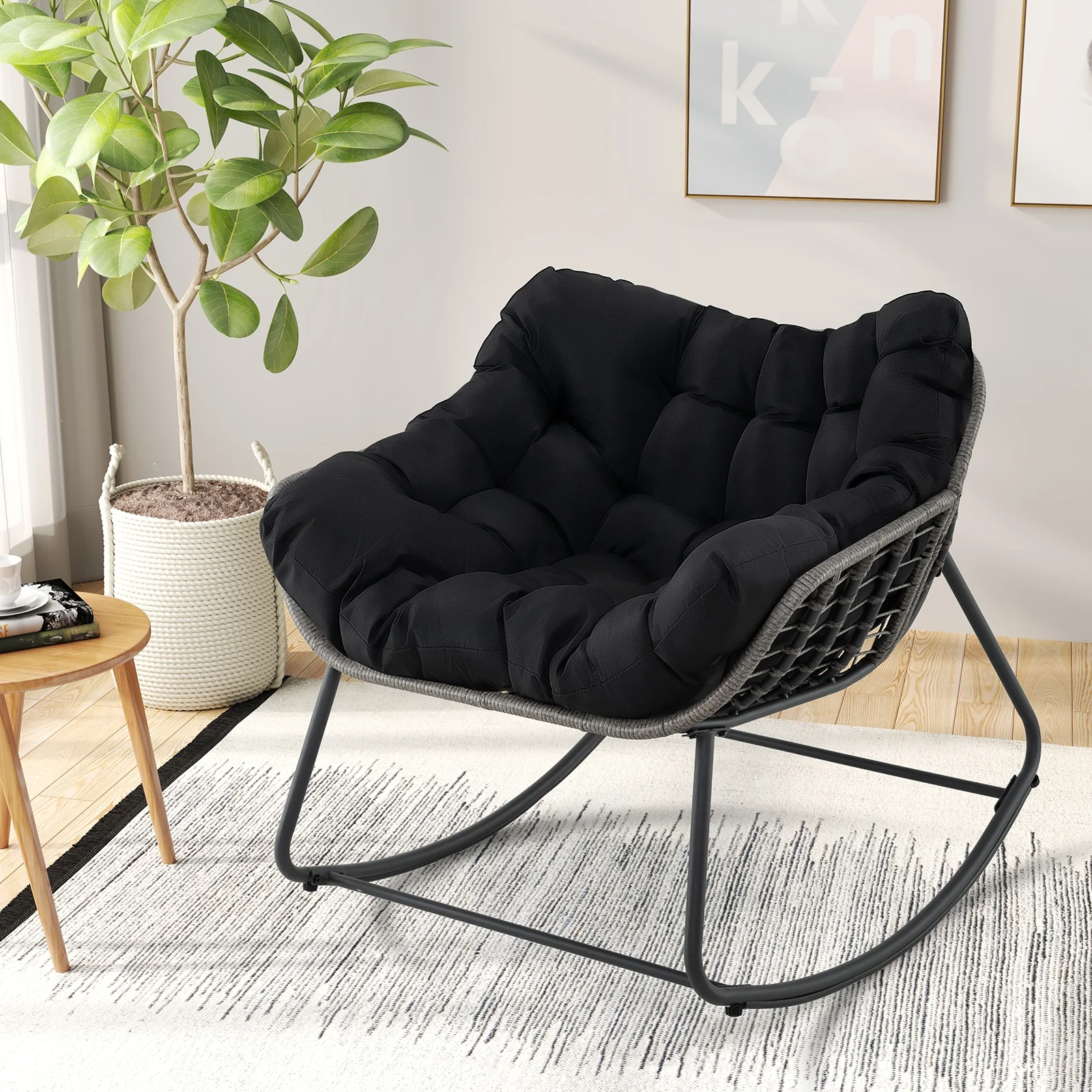 Outdoor Rocking Chair Oversized Patio PE Wicker Egg Chair with Cushion, Black - Image 6