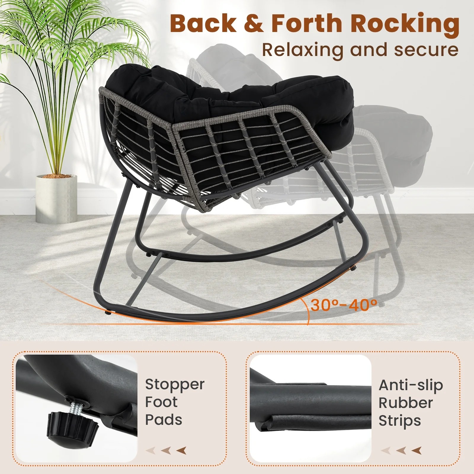 Outdoor Rocking Chair Oversized Patio PE Wicker Egg Chair with Cushion, Black - Image 7
