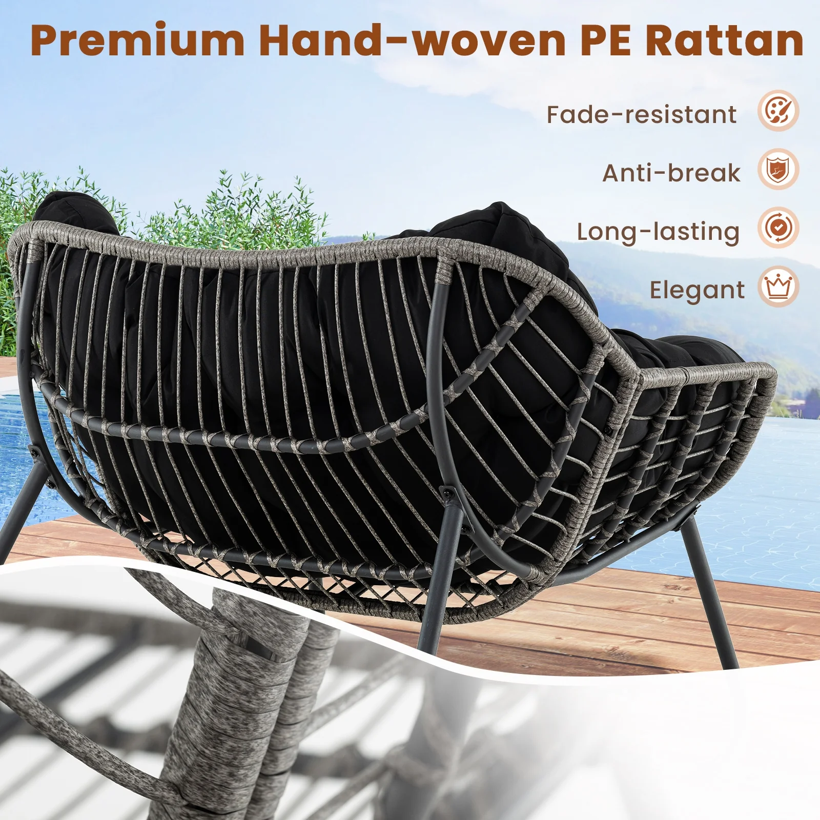 Outdoor Rocking Chair Oversized Patio PE Wicker Egg Chair with Cushion, Black - Image 8