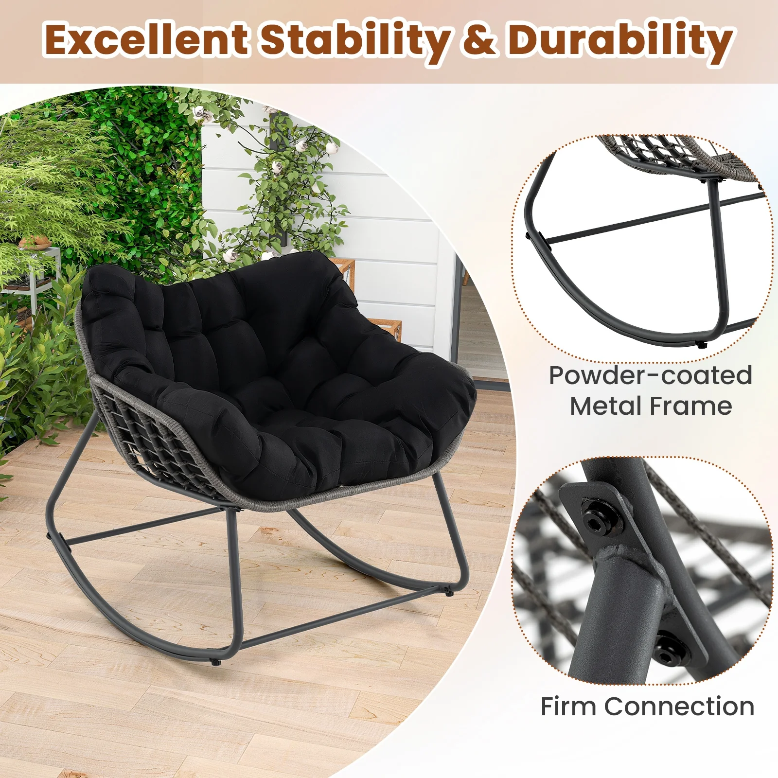 Outdoor Rocking Chair Oversized Patio PE Wicker Egg Chair with Cushion, Black - Image 9