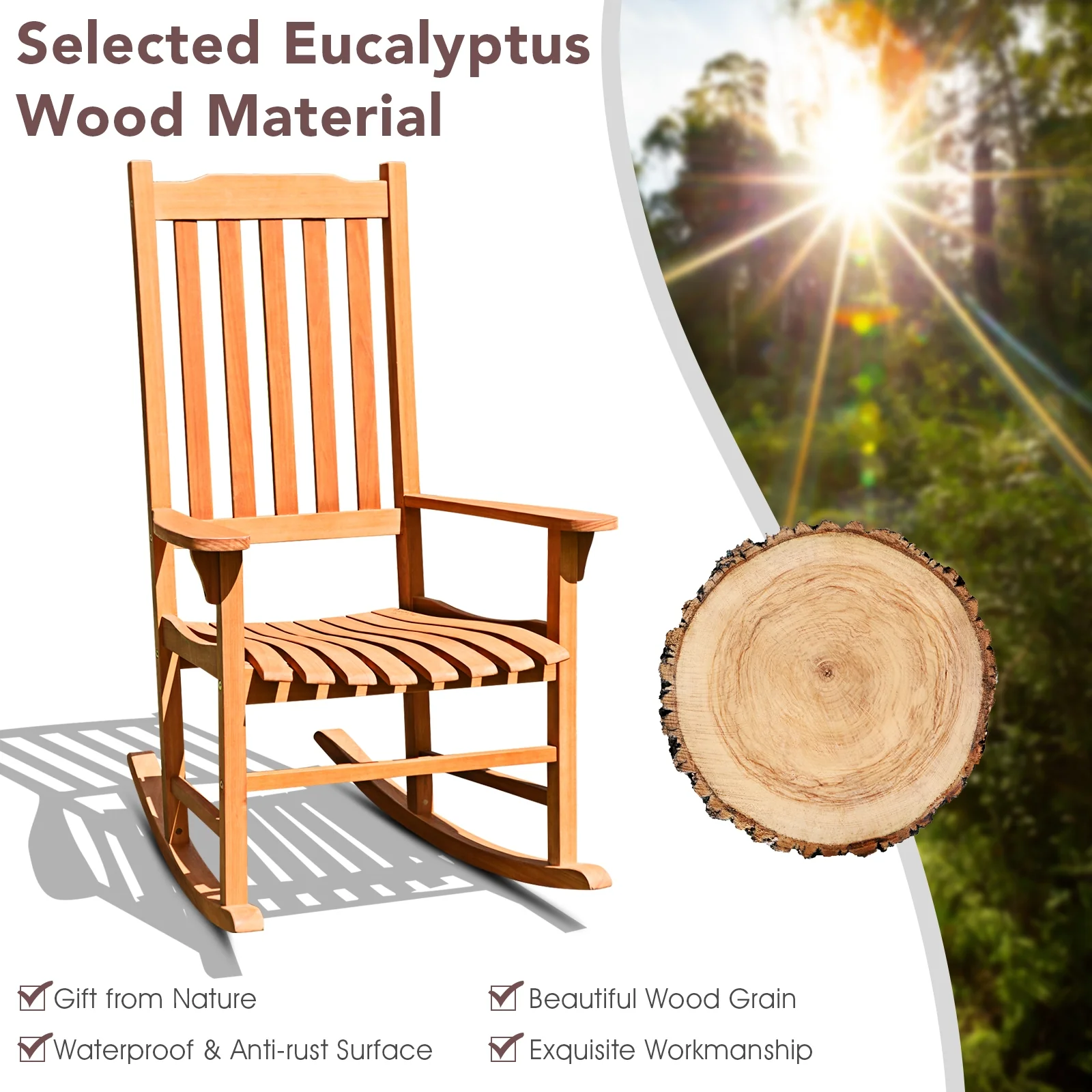 Outdoor Rocking Chair, Single Rocker, Patio Deck, Natural - Image 9