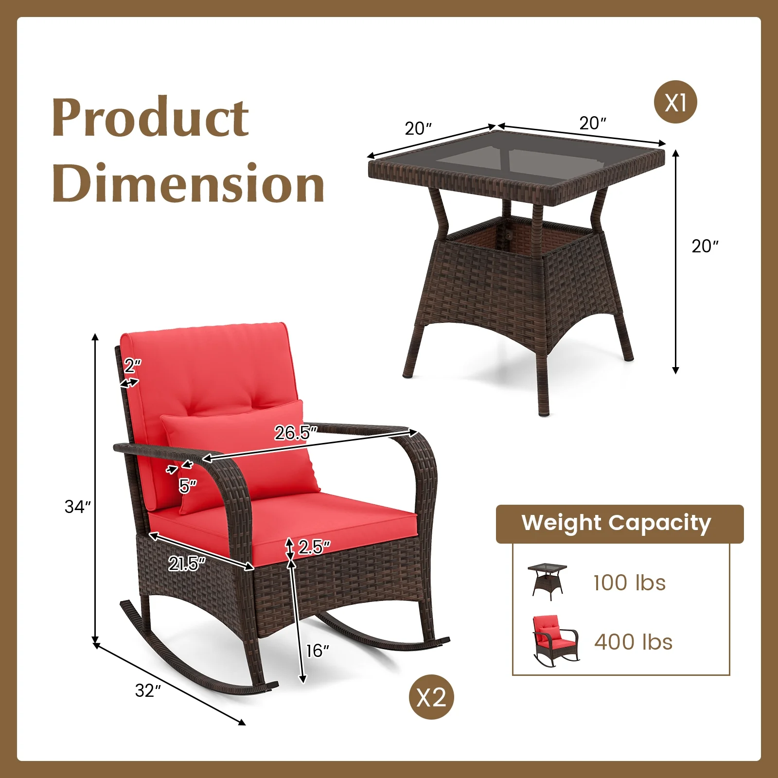 Outdoor Rocking Set, 3 Pieces, Tempered Glass Coffee Table, Red - Image 6