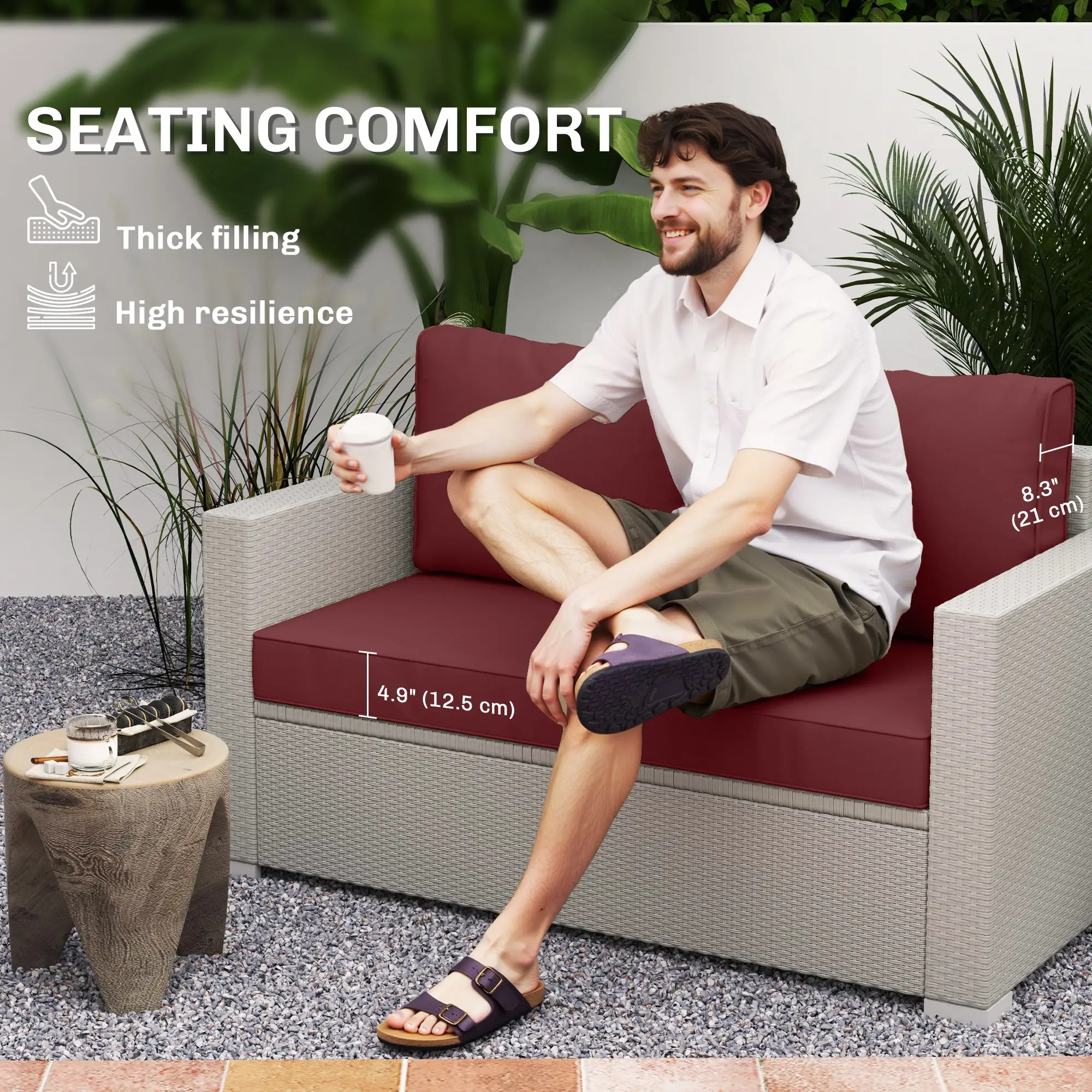 Outdoor Seat Cushions With Backrest, Loveseat Double Sofa, Wine Red - Image 4