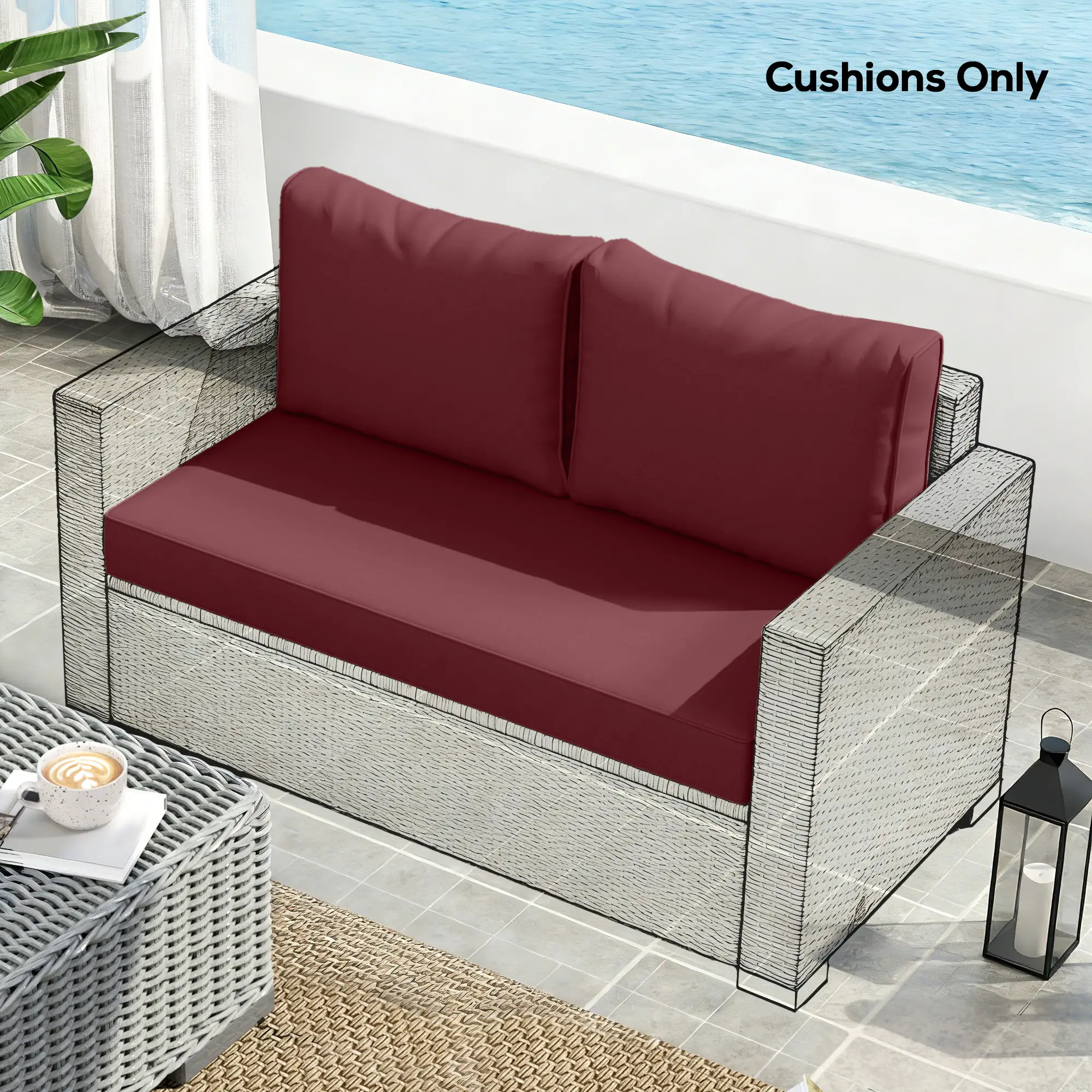 Outdoor Seat Cushions With Backrest, Loveseat Double Sofa, Wine Red - Image 7