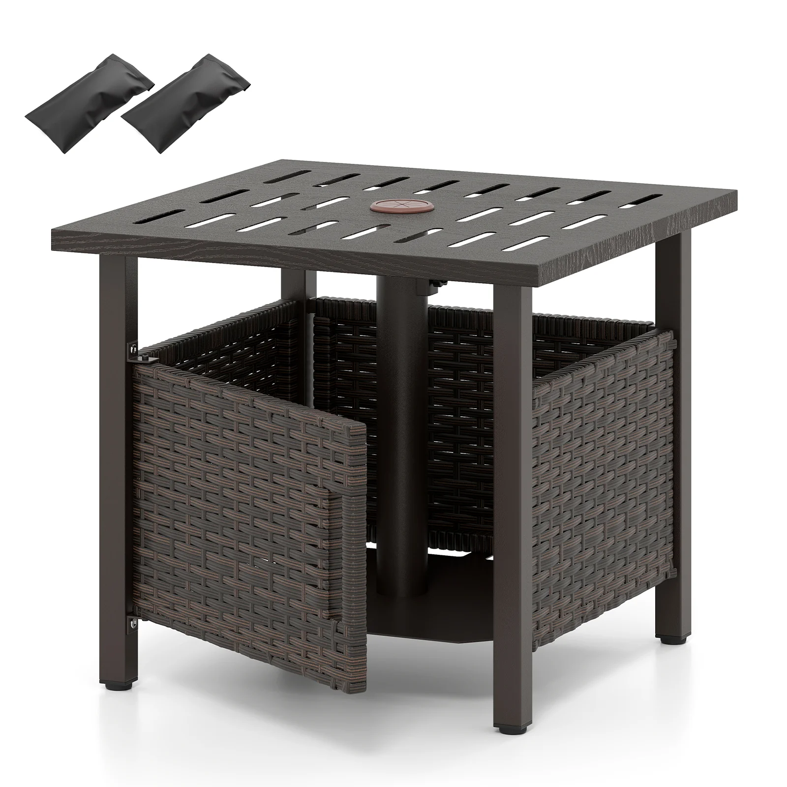 Outdoor Side Table, 1.93" Umbrella Hole, All-Weather PE Wicker, Brown