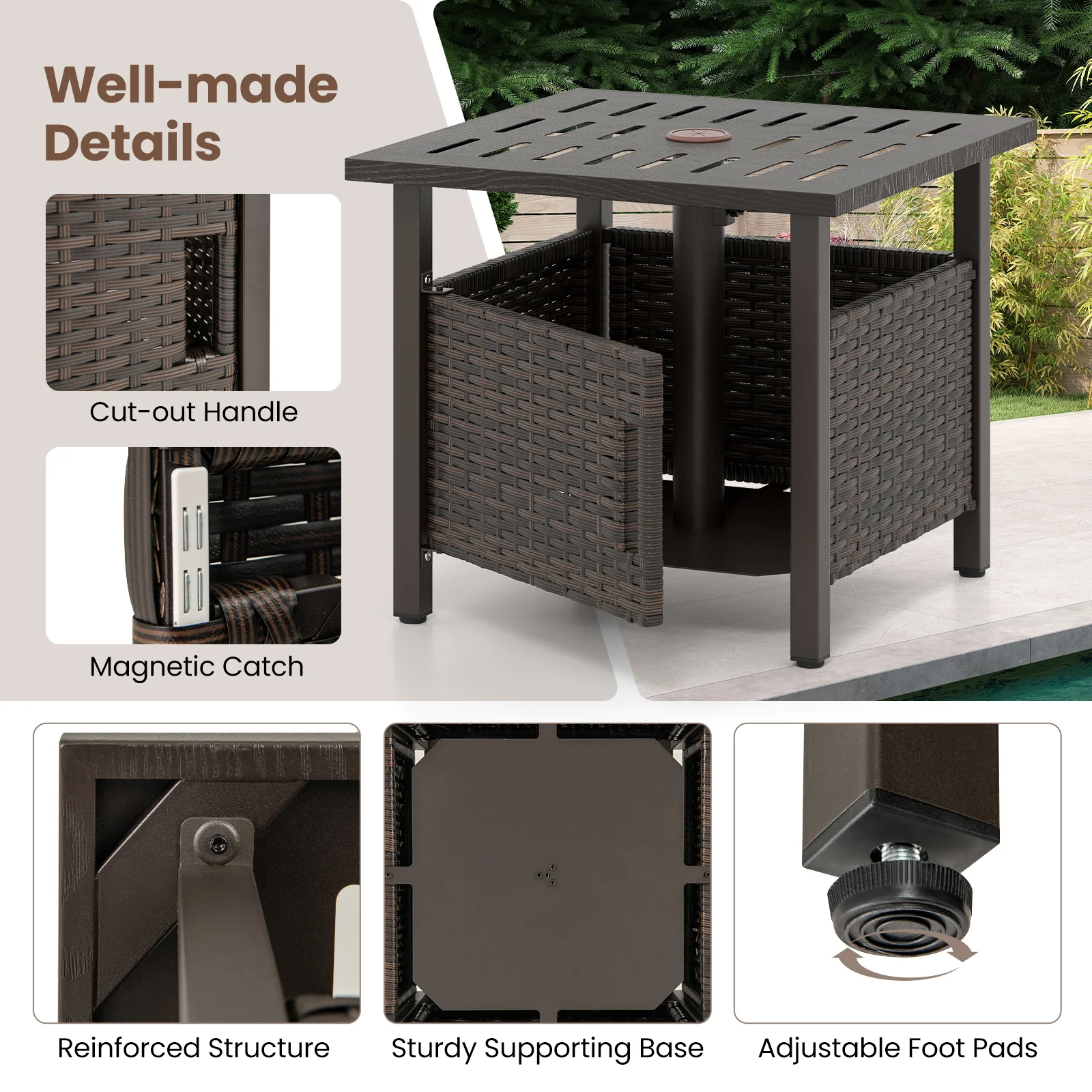 Outdoor Side Table, 1.93" Umbrella Hole, All-Weather PE Wicker, Brown - Image 10