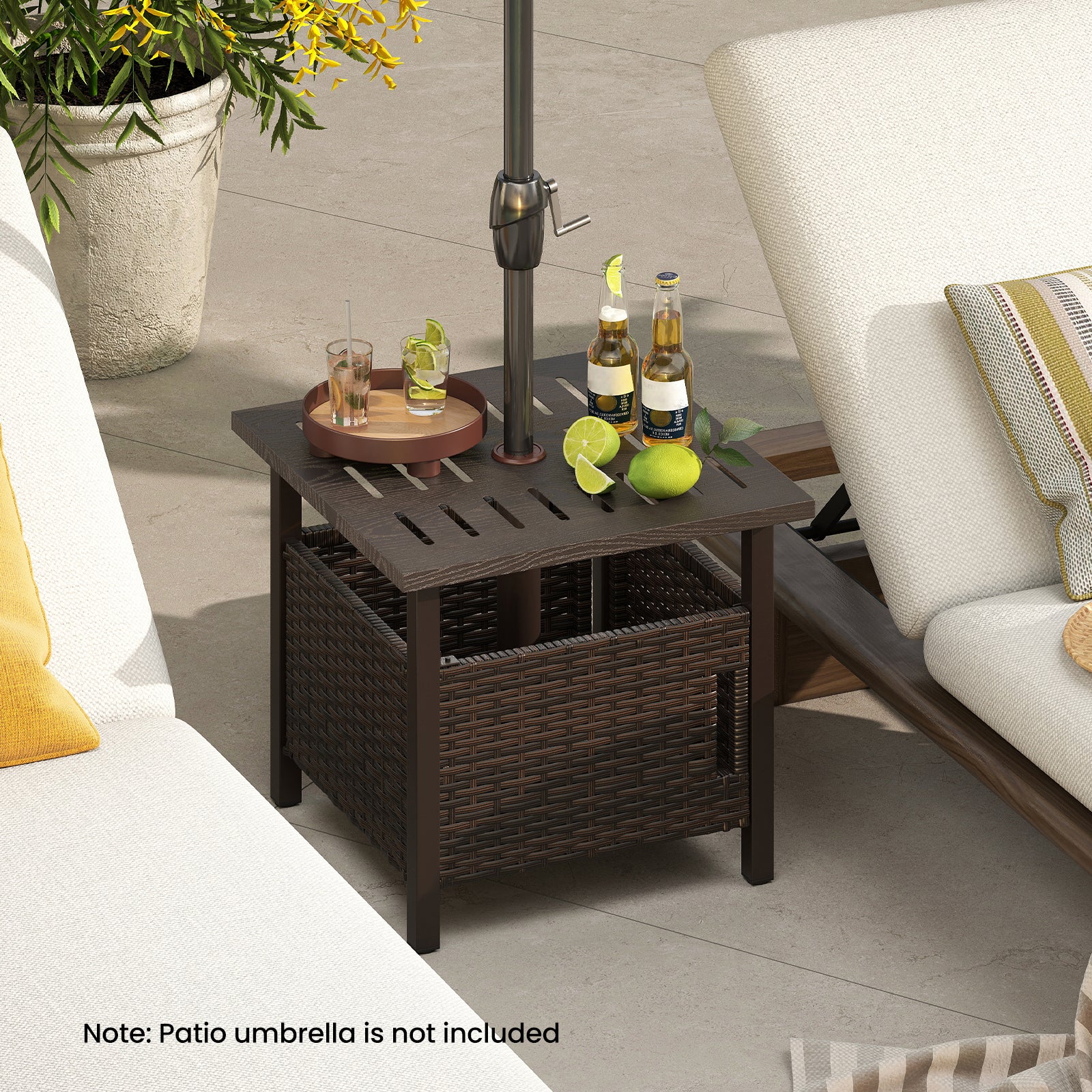 Outdoor Side Table, 1.93" Umbrella Hole, All-Weather PE Wicker, Brown - Image 2