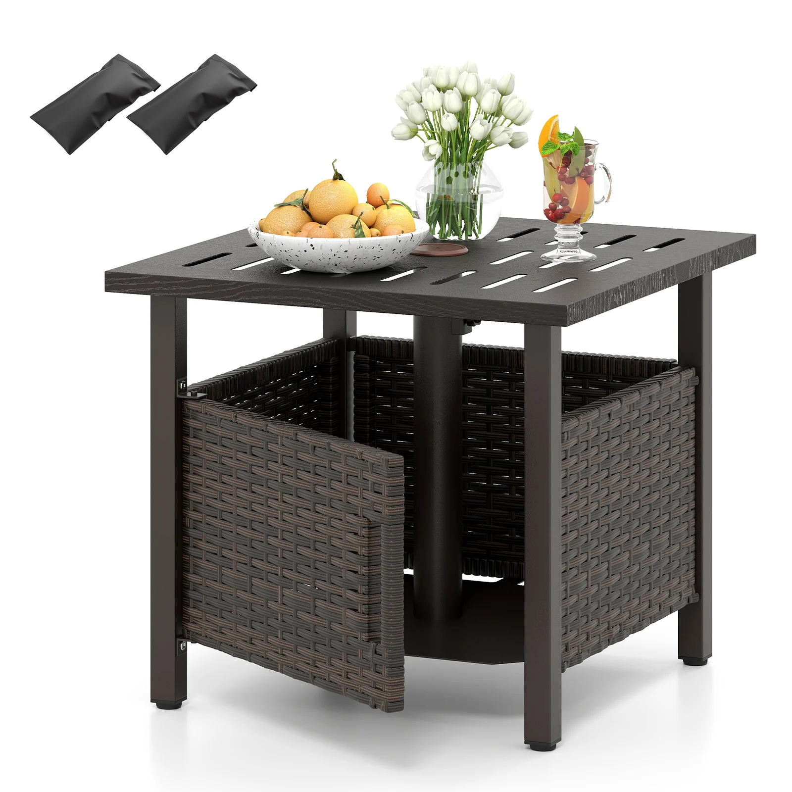 Outdoor Side Table, 1.93" Umbrella Hole, All-Weather PE Wicker, Brown - Image 5