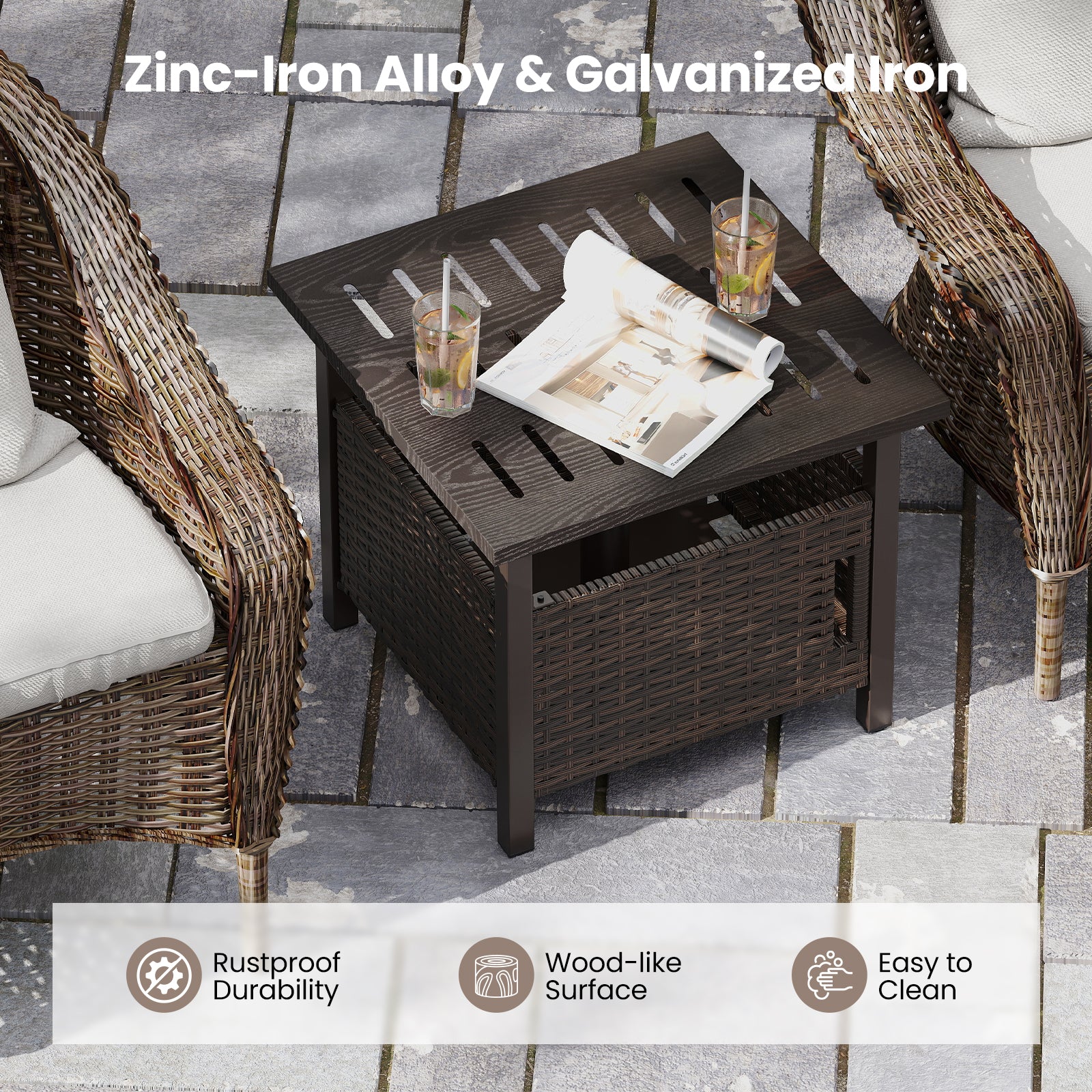 Outdoor Side Table, 1.93" Umbrella Hole, All-Weather PE Wicker, Brown - Image 6