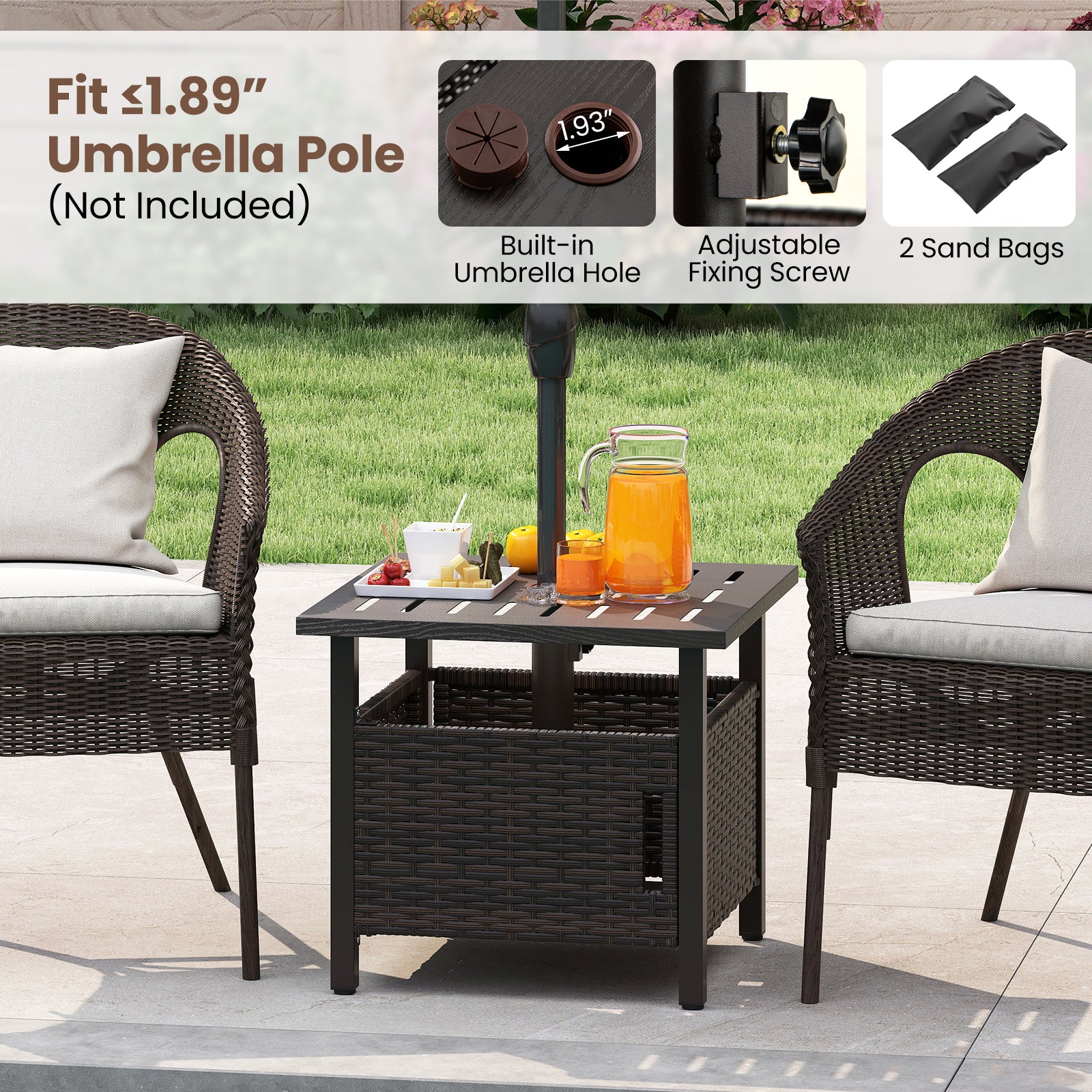 Outdoor Side Table, 1.93" Umbrella Hole, All-Weather PE Wicker, Brown - Image 8