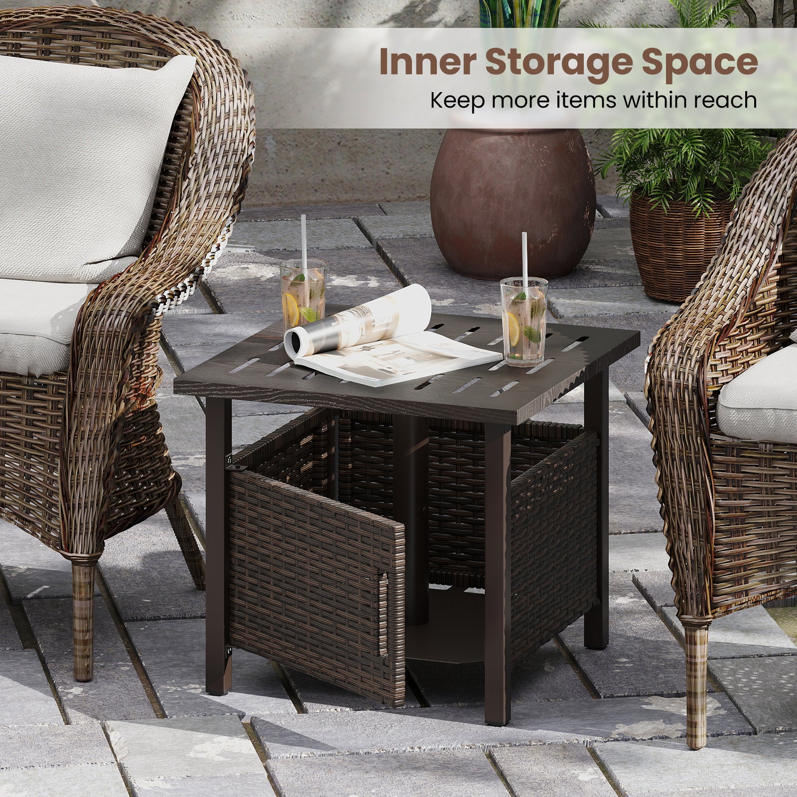 Outdoor Side Table, 1.93" Umbrella Hole, All-Weather PE Wicker, Brown - Image 9