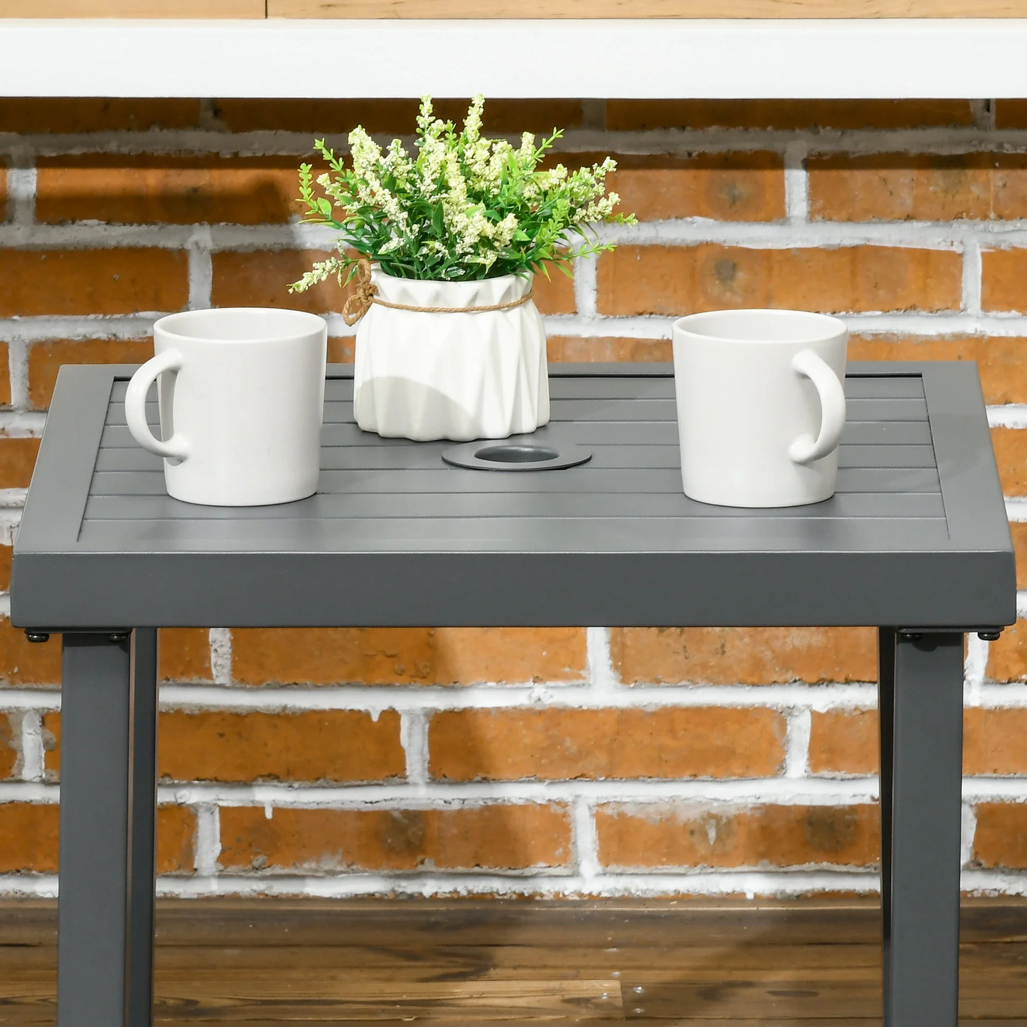 Outdoor Side Table, Patio End Table with Umbrella Hole, Steel Frame, Gray - Image 7