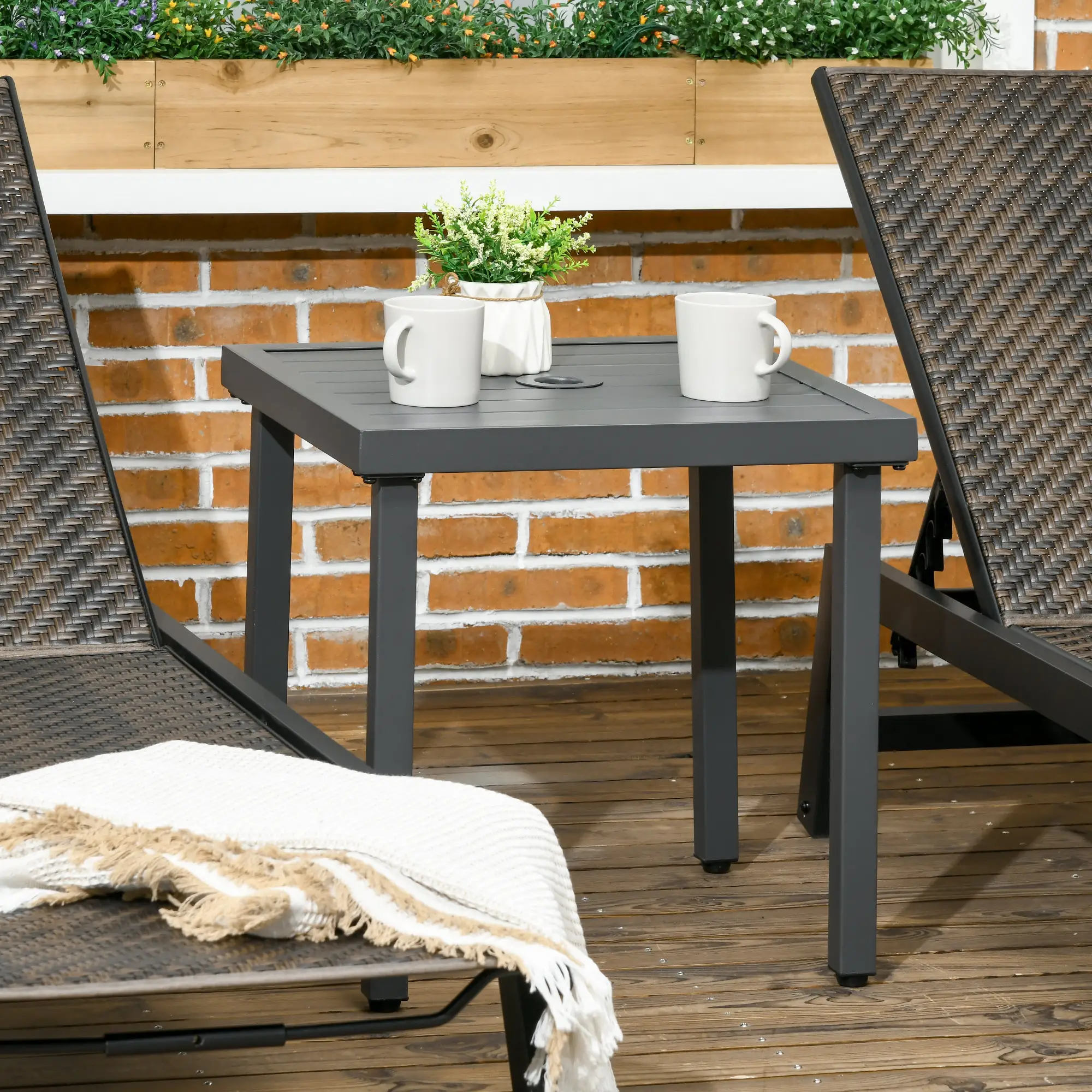 Outdoor Side Table, Patio End Table with Umbrella Hole, Steel Frame, Gray - Image 8