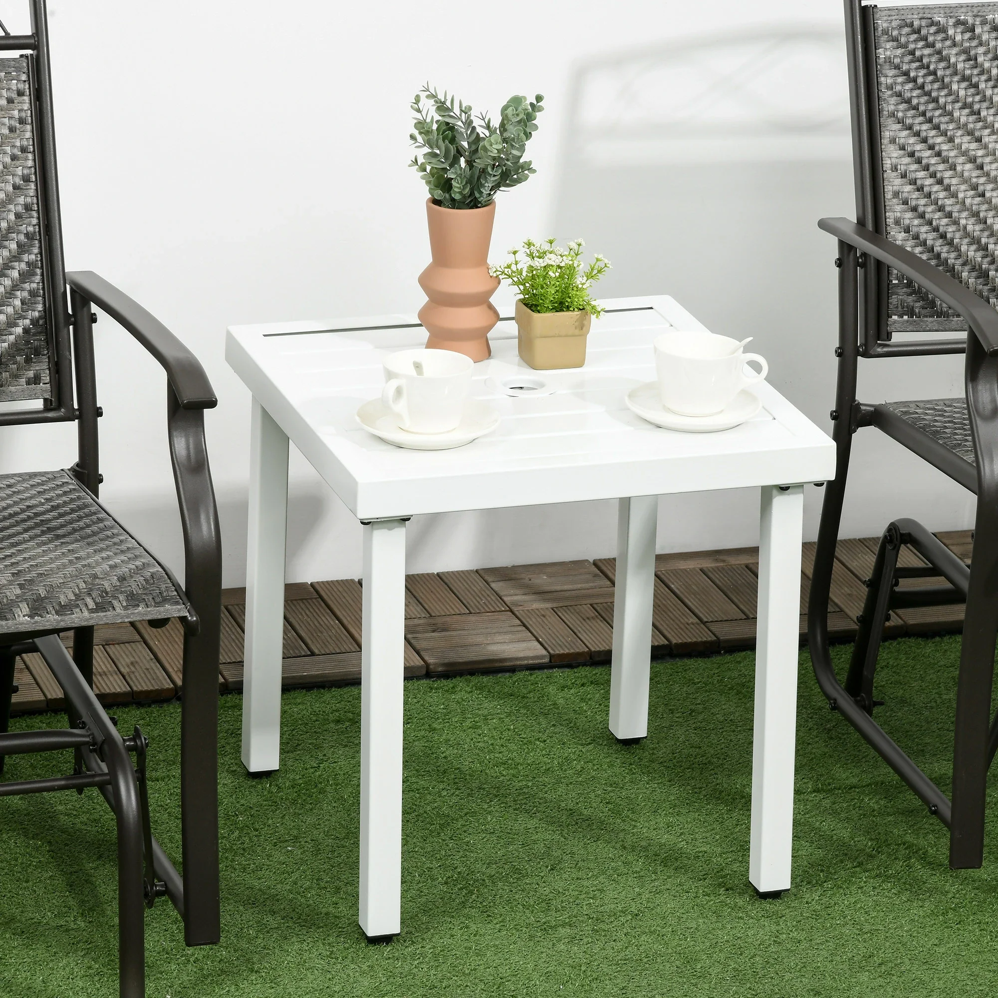 Outdoor Side Table, Patio End Table with Umbrella Hole, White - Image 2