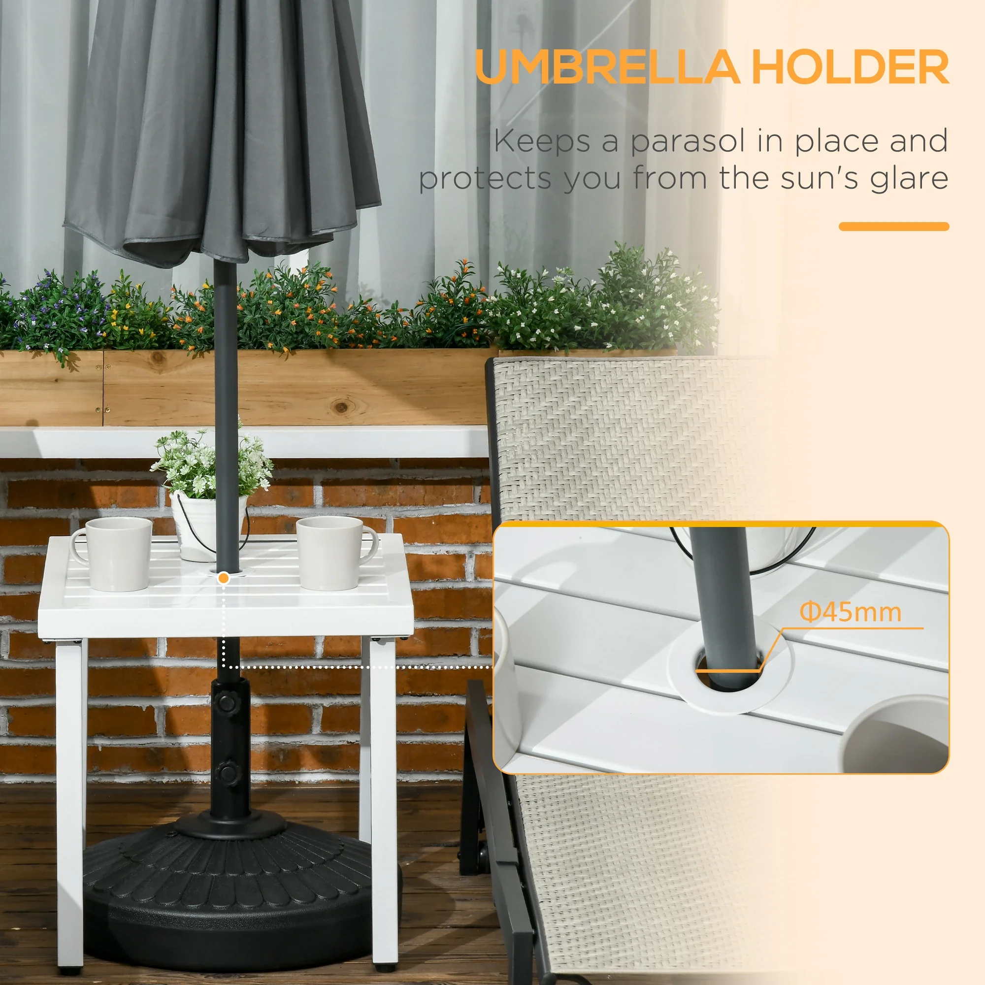 Outdoor Side Table, Patio End Table with Umbrella Hole, White - Image 4