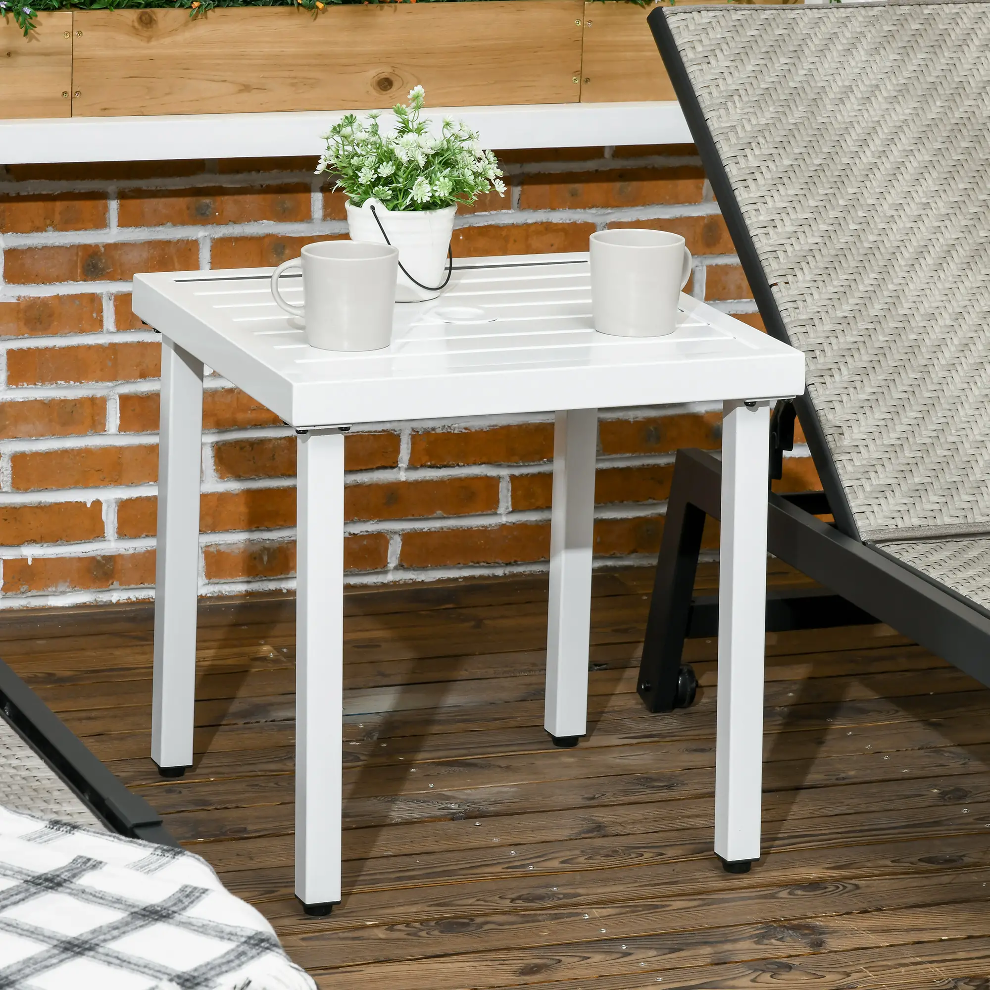 Outdoor Side Table, Patio End Table with Umbrella Hole, White - Image 8