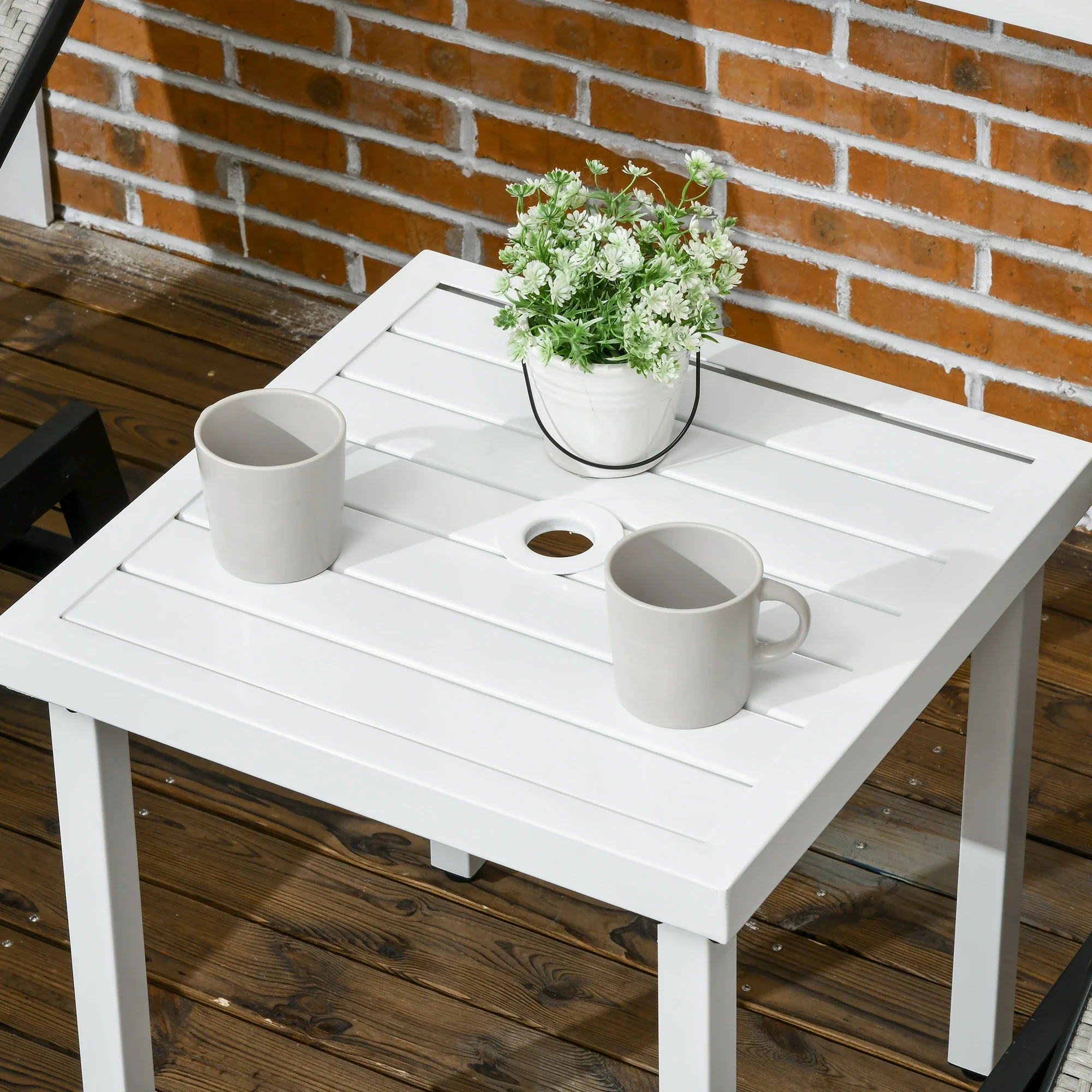 Outdoor Side Table, Patio End Table with Umbrella Hole, White - Image 9