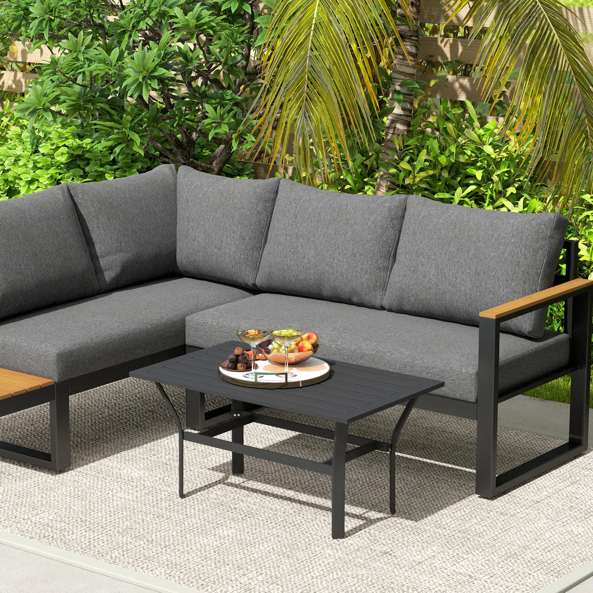 Outdoor Side Table, Slatted Tabletop, Metal Patio Coffee Table, Black - Image 10