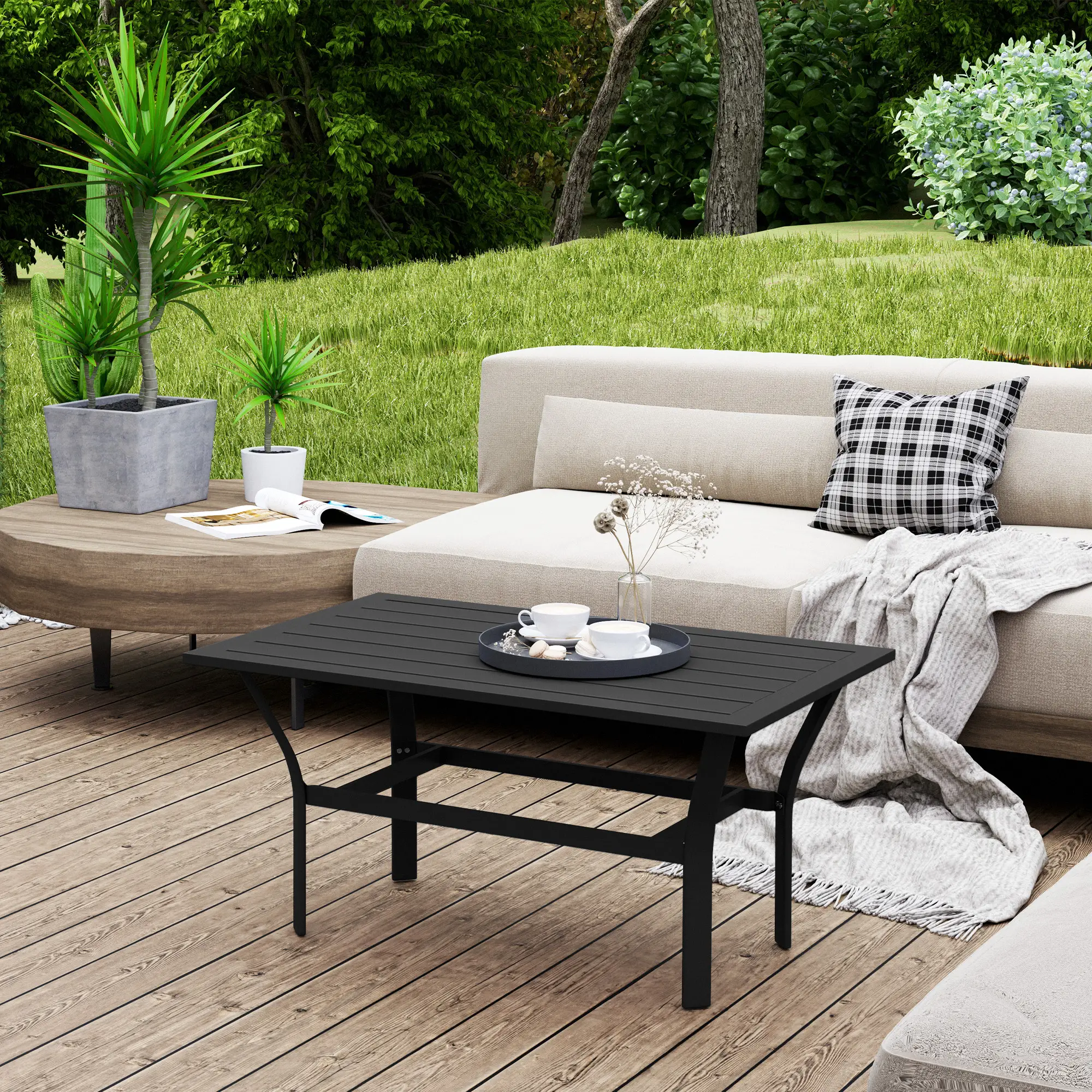 Outdoor Side Table, Slatted Tabletop, Metal Patio Coffee Table, Black - Image 2