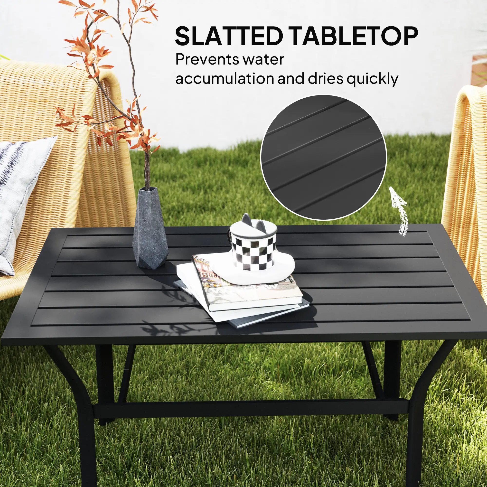 Outdoor Side Table, Slatted Tabletop, Metal Patio Coffee Table, Black - Image 4