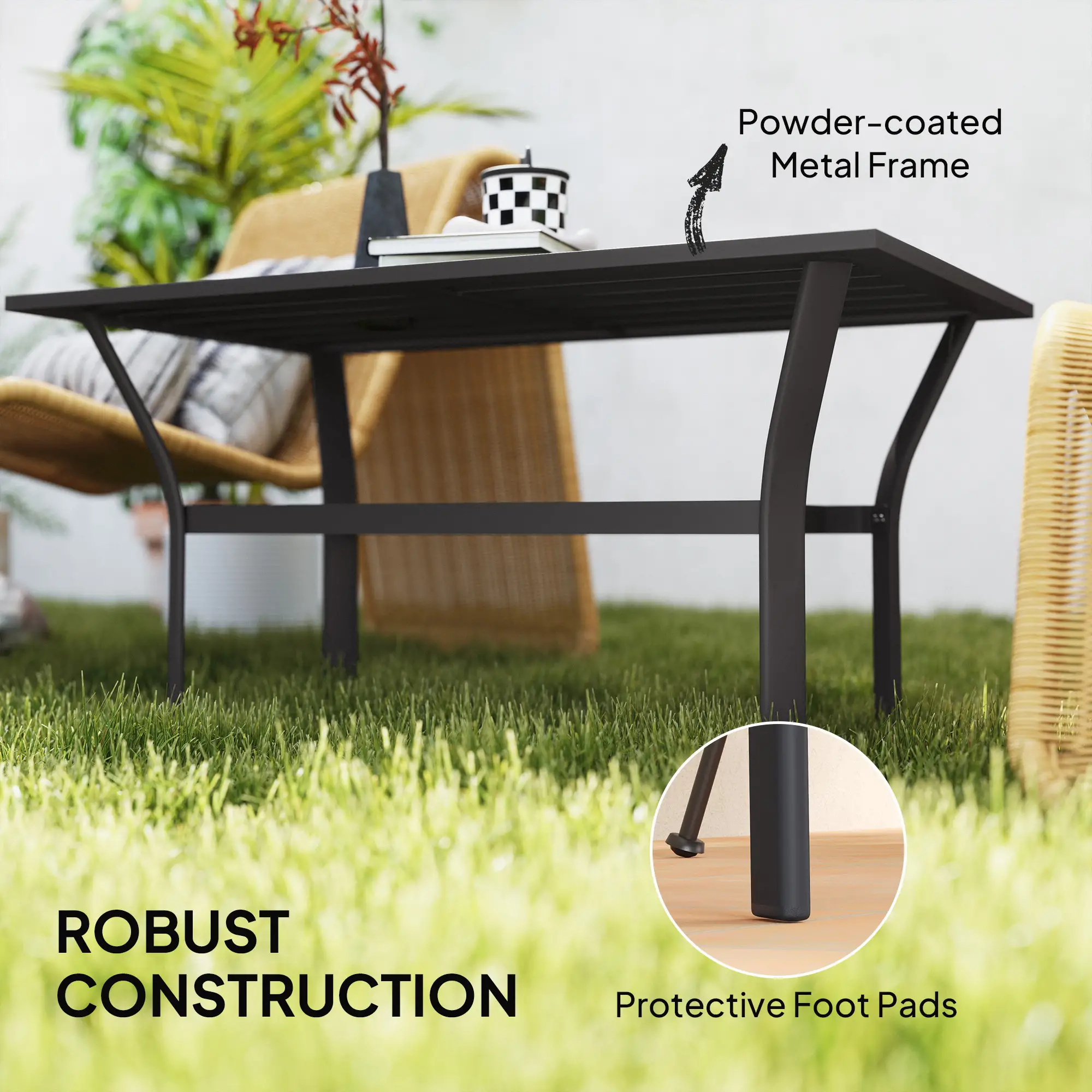 Outdoor Side Table, Slatted Tabletop, Metal Patio Coffee Table, Black - Image 5