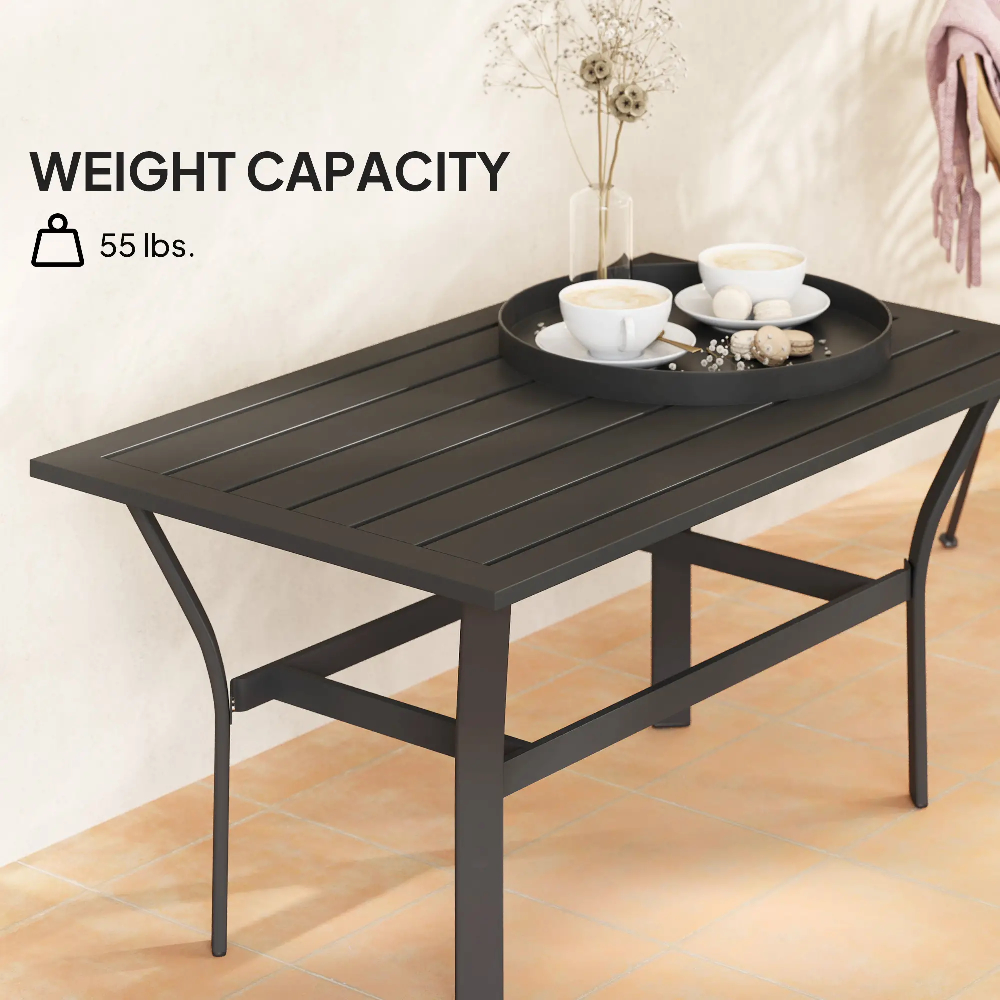 Outdoor Side Table, Slatted Tabletop, Metal Patio Coffee Table, Black - Image 6