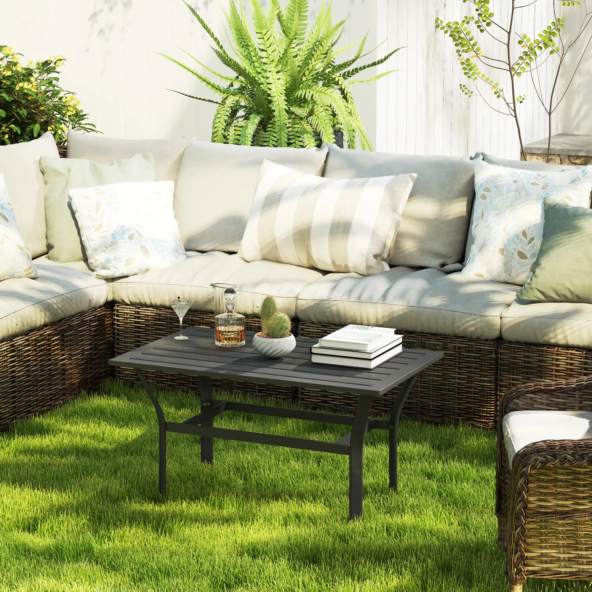 Outdoor Side Table, Slatted Tabletop, Metal Patio Coffee Table, Black - Image 7