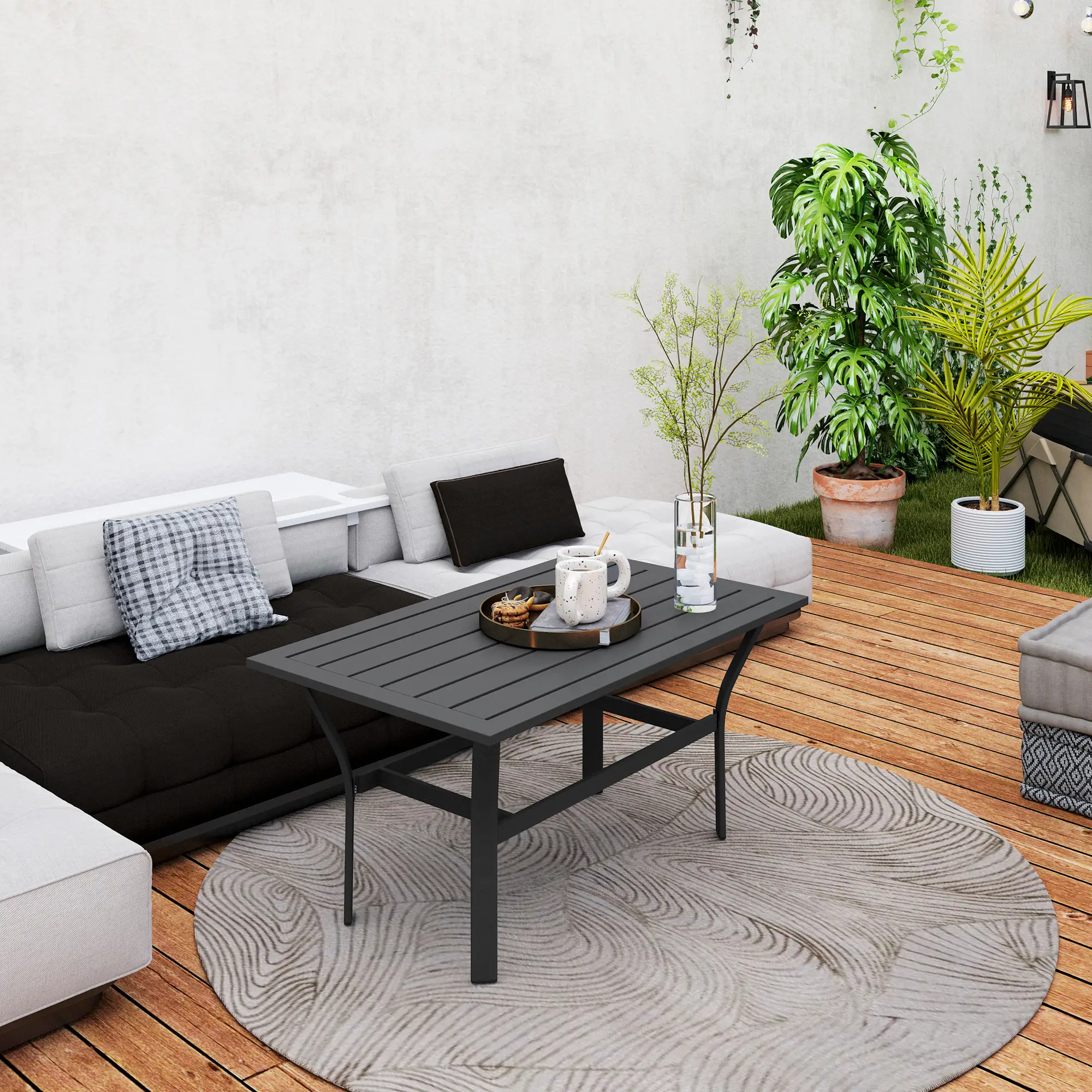 Outdoor Side Table, Slatted Tabletop, Metal Patio Coffee Table, Black - Image 9