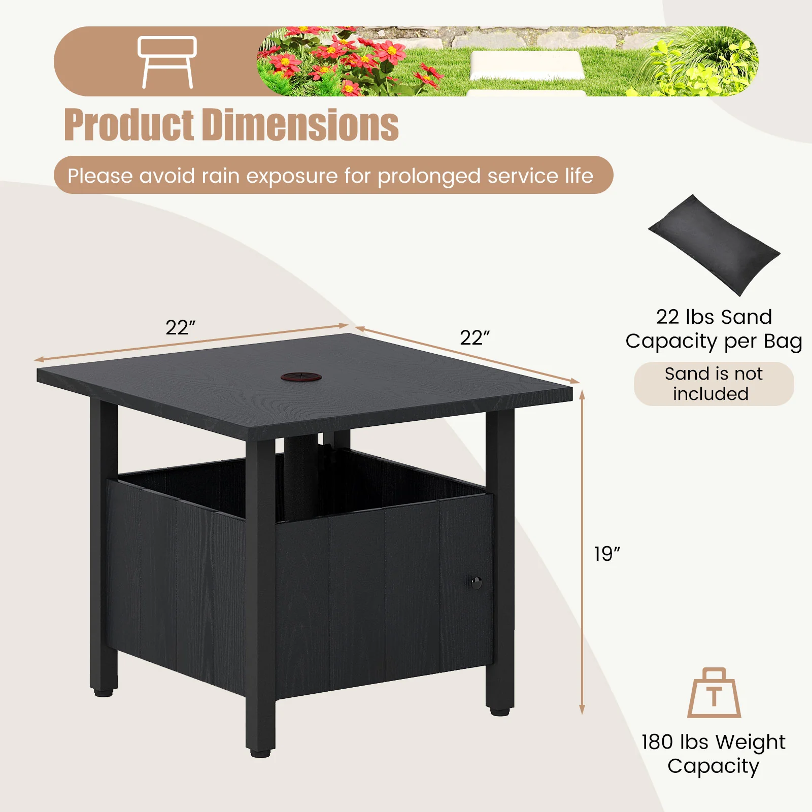 Outdoor Side Table With 1.89" Umbrella Hole, Black - Image 6