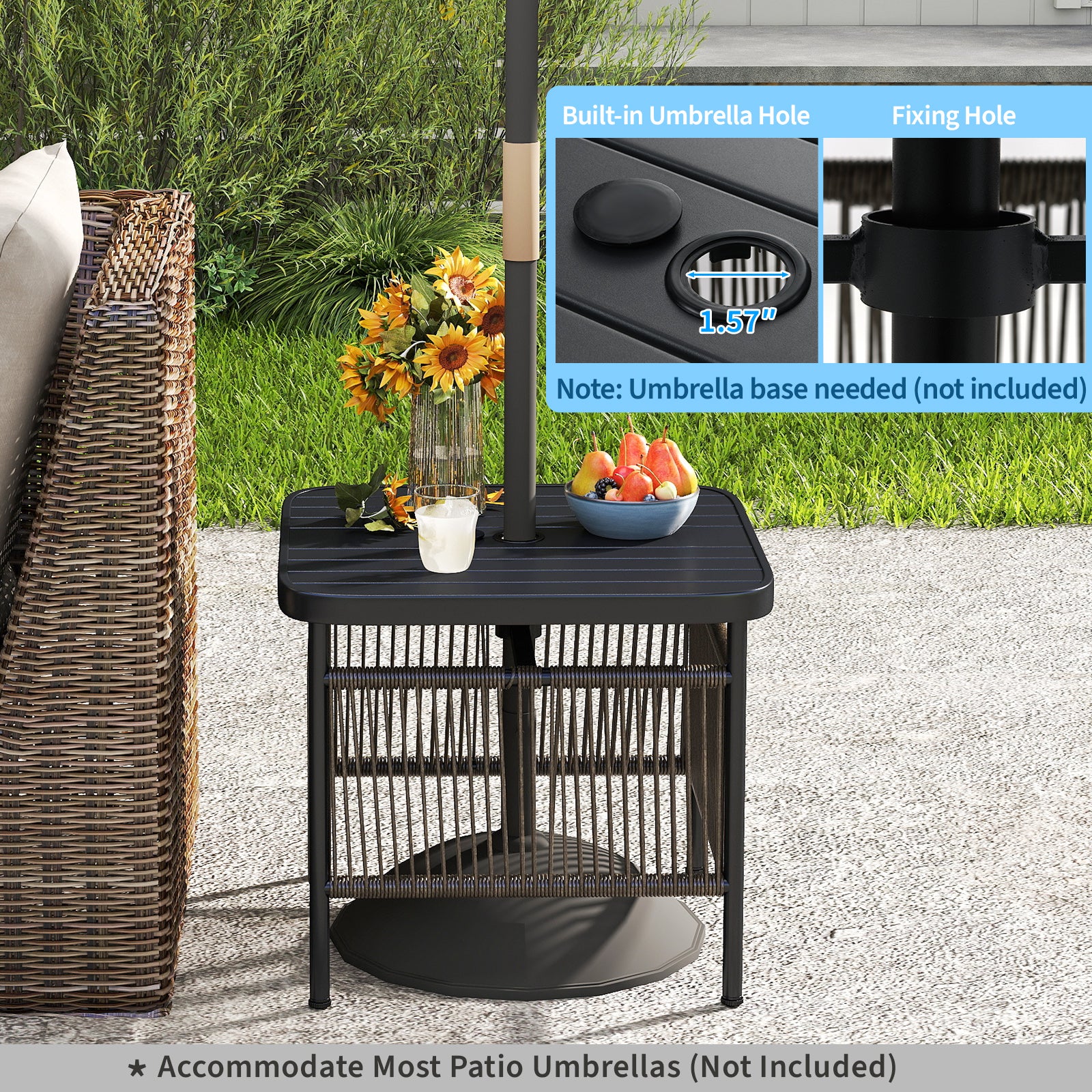 Outdoor Side Table With Umbrella Hole, Storage Shelf, Black - Image 8