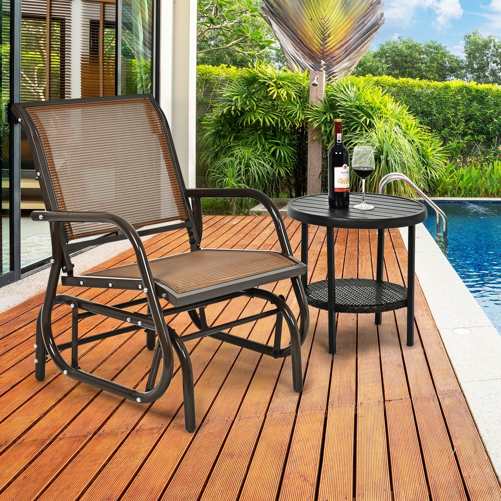 Outdoor Single Swing Glider Rocking Chair, Brown - Image 2