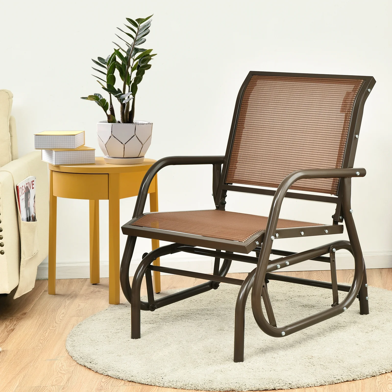 Outdoor Single Swing Glider Rocking Chair, Brown - Image 3