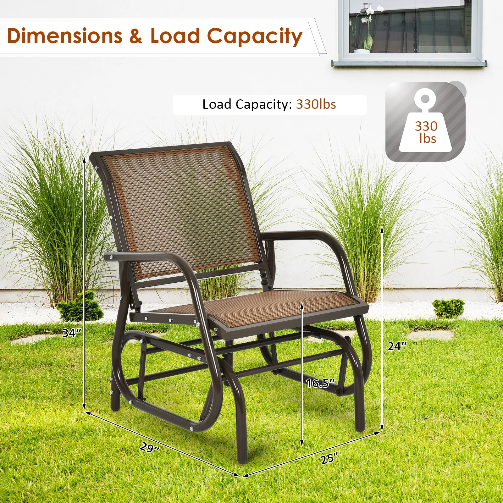 Outdoor Single Swing Glider Rocking Chair, Brown - Image 6
