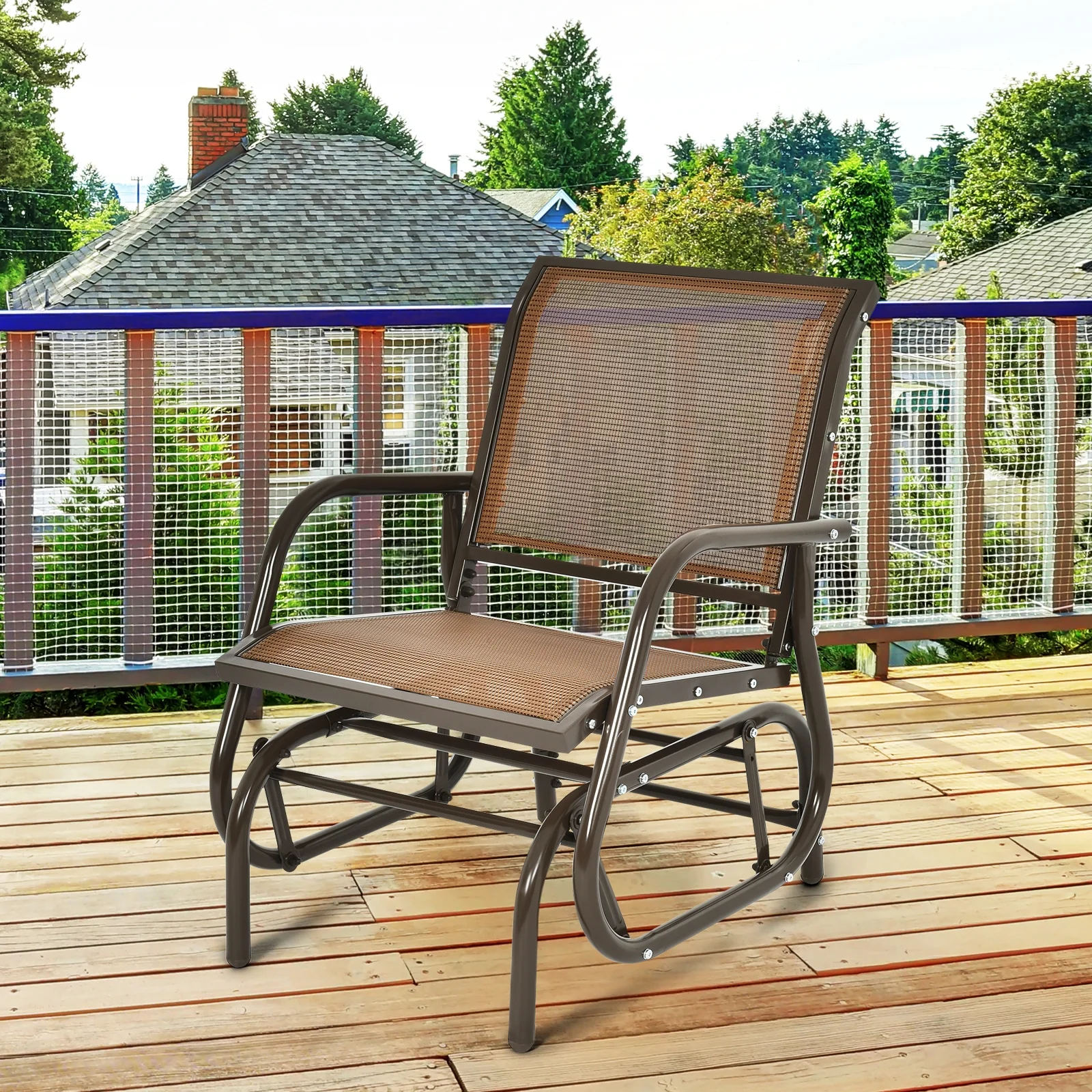 Outdoor Single Swing Glider Rocking Chair, Brown - Image 7