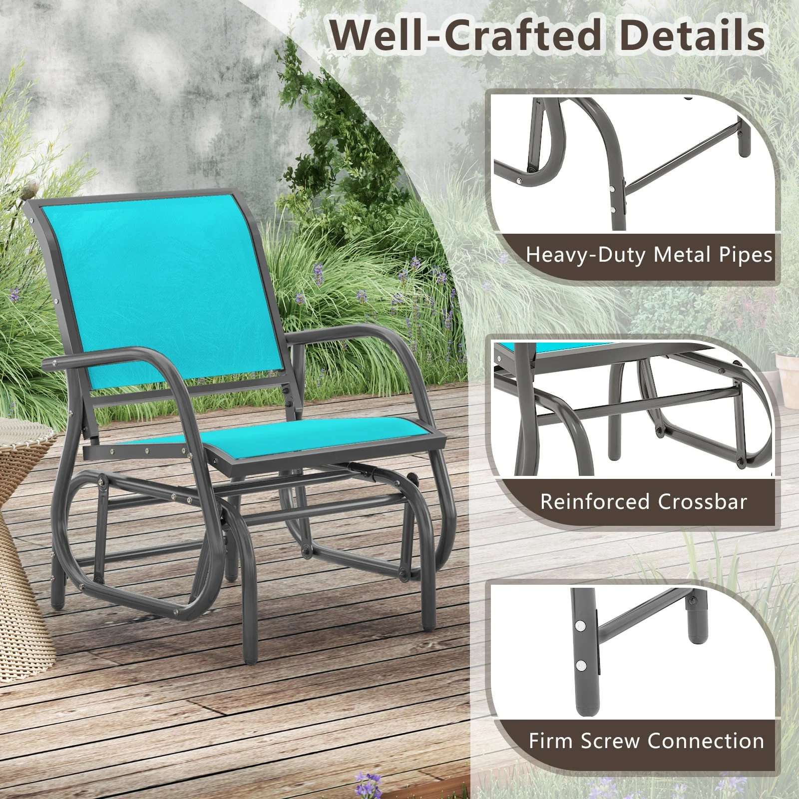 Outdoor Single Swing Glider Rocking Chair, Turquoise - Image 8