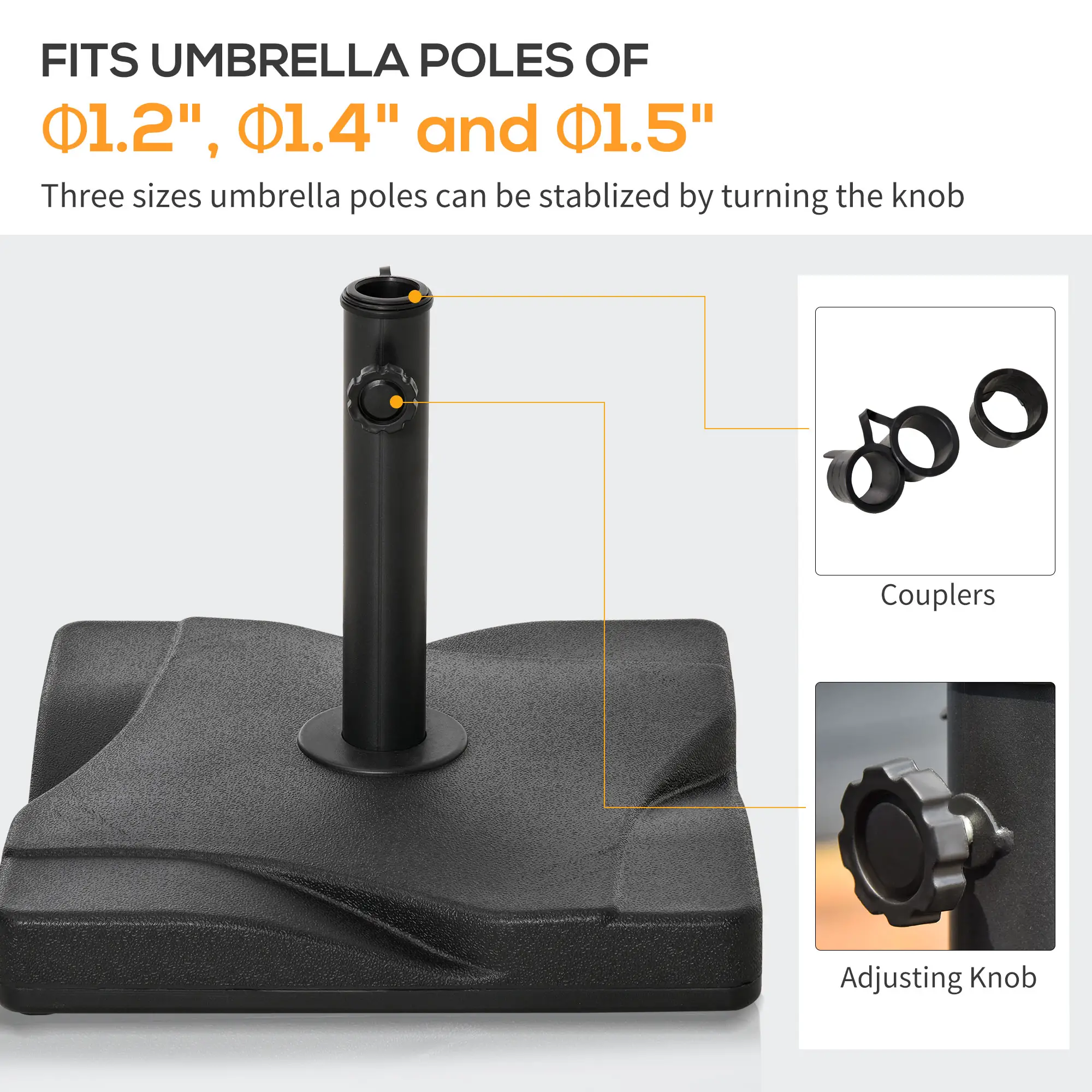 Outdoor Square Cement Parasol Base, Fits Φ1.3", Φ1.5", Φ2.0" Pole, Black - Image 5