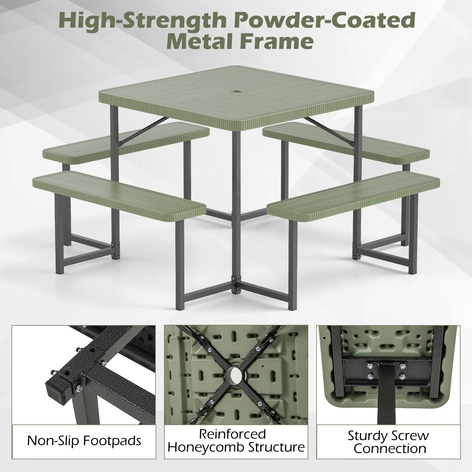 Outdoor Square Picnic Table Bench Set, 4-8 People, Umbrella Hole, Green - Image 10