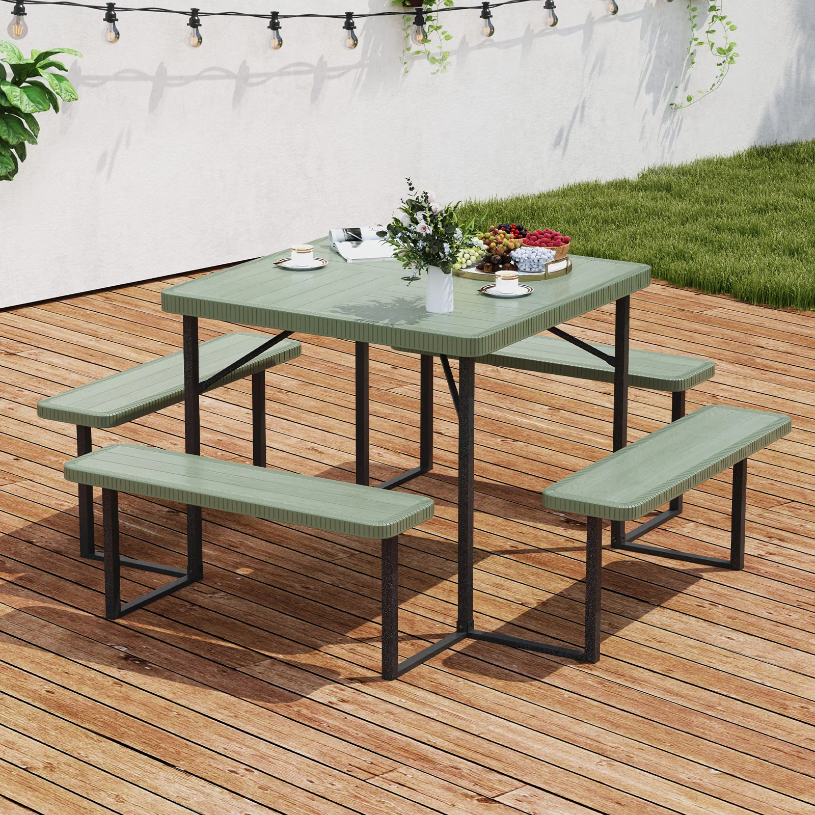 Outdoor Square Picnic Table Bench Set, 4-8 People, Umbrella Hole, Green - Image 2