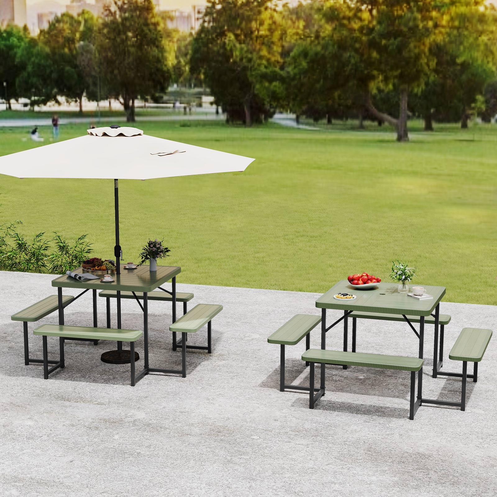 Outdoor Square Picnic Table Bench Set, 4-8 People, Umbrella Hole, Green - Image 3