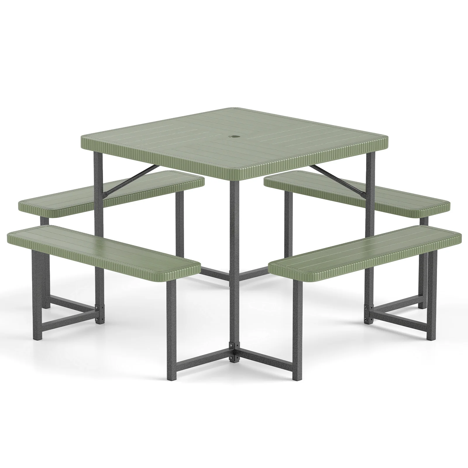Outdoor Square Picnic Table Bench Set, 4-8 People, Umbrella Hole, Green - Image 4
