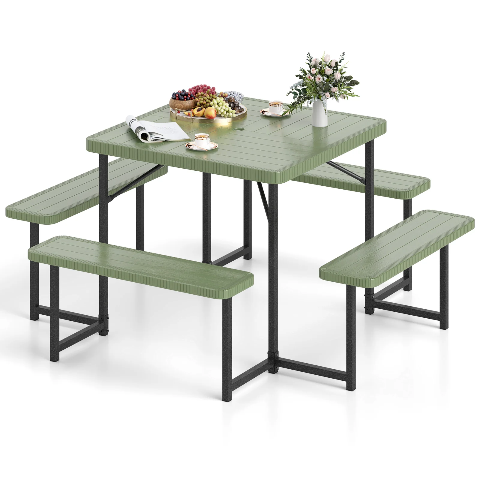 Outdoor Square Picnic Table Bench Set, 4-8 People, Umbrella Hole, Green - Image 5