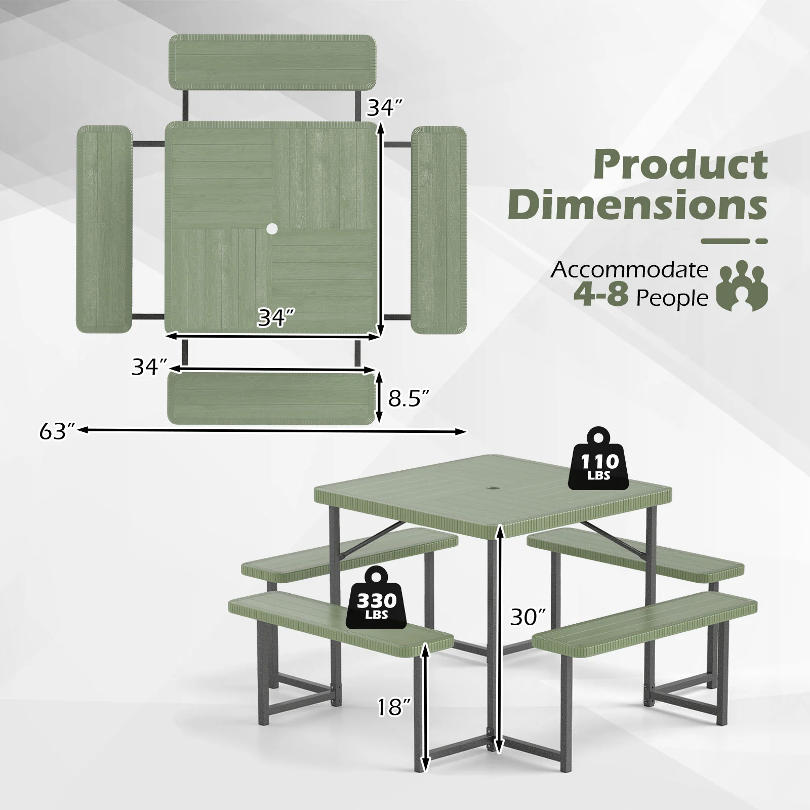 Outdoor Square Picnic Table Bench Set, 4-8 People, Umbrella Hole, Green - Image 6